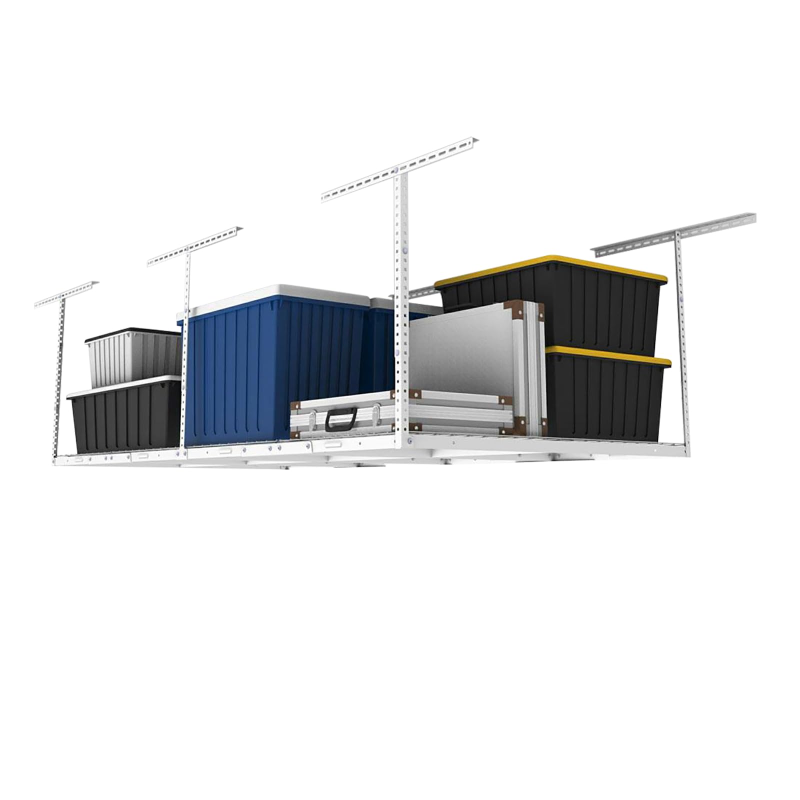 FLEXIMOUNTS 4x8 Overhead Garage Storage Rack - Heavy Duty Adjustable Ceiling Storage System with 600lbs Capacity, White | Perfect for Garage Organization, Seasonal Decor & Sports Equipment Storage