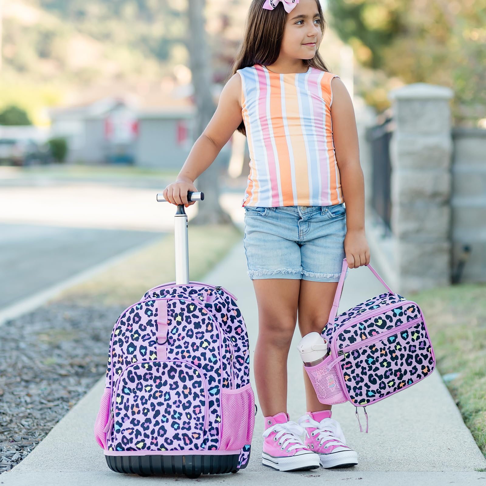 Choco Mocha 18 Inch Rolling Backpack for Girls - Kids Travel Roller Bookbag with Wheels & Matching Lunch Bag Set - Leopard Cheetah Pink Print - Perfect for Elementary School, Airplane Travel & Daily Commute