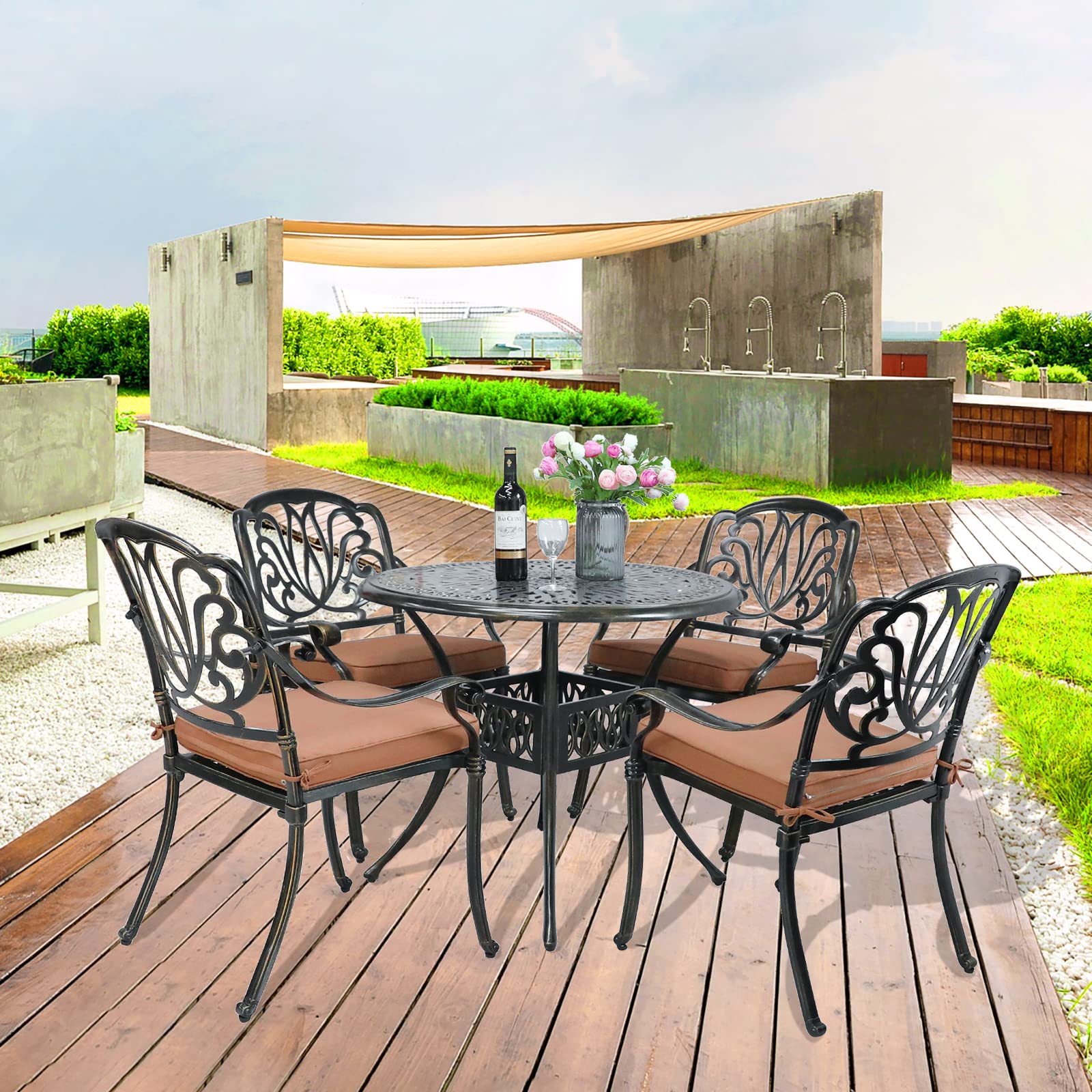 VIVIJASON 5-Piece Outdoor Patio Dining Set - All-Weather Cast Aluminum Conversation Set with 4 Cushioned Chairs & 35.4