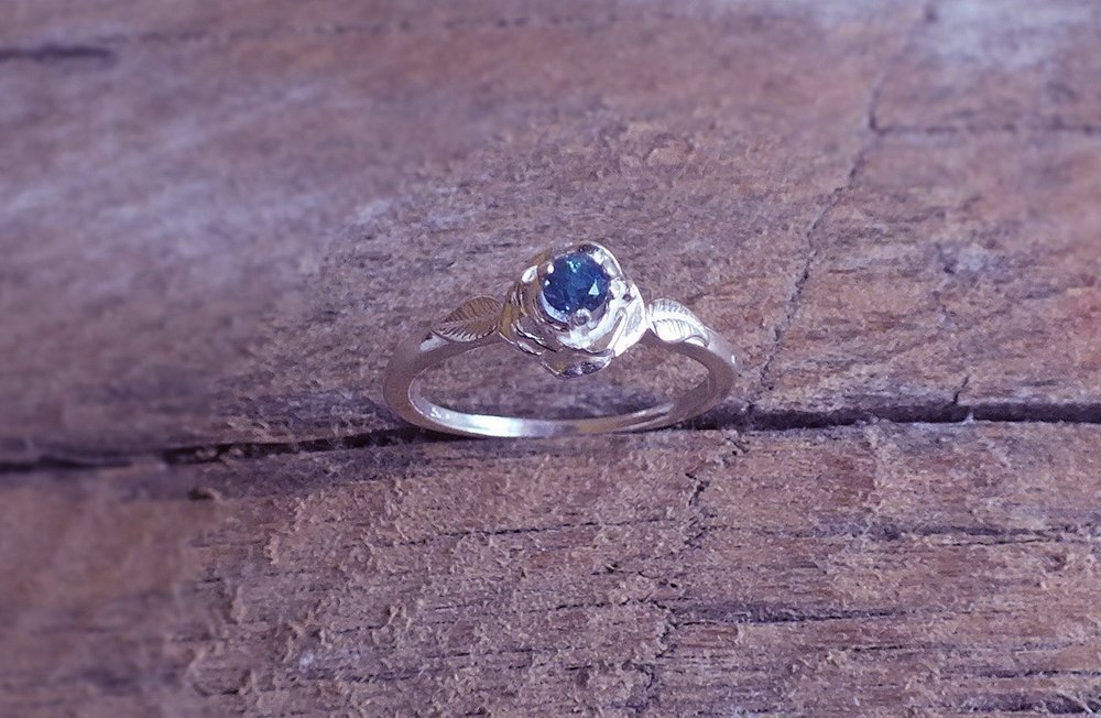 Montana Yogo Sapphire Rose Ring - Sterling Silver 925 Handmade Jewelry for Women, Elegant Gift for Valentine's Day, Anniversary & Special Occasions