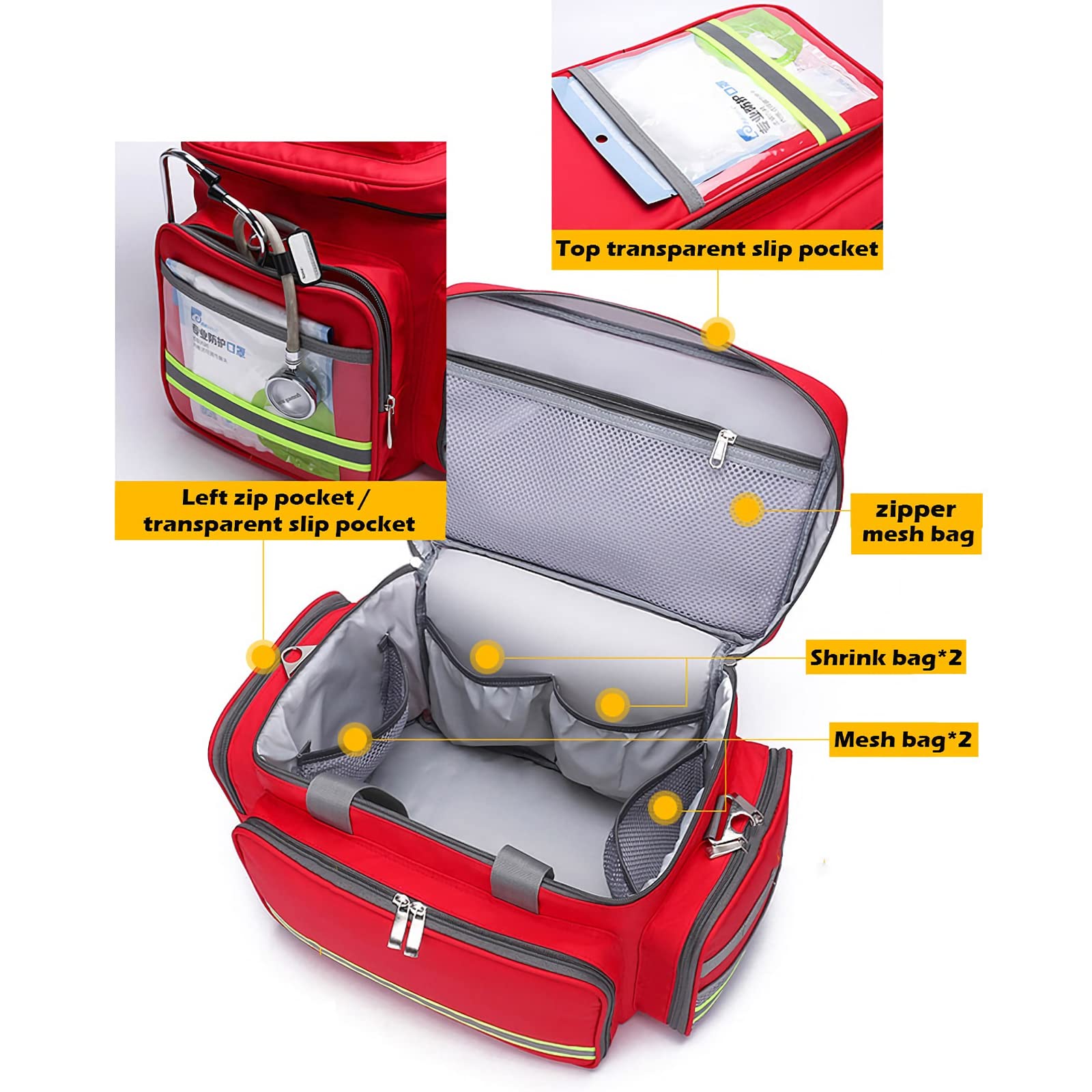 First Aid Kit Bag - Large Capacity Waterproof Emergency Medical Bag with Reflective Strips & Multiple Pockets for Outdoor, Travel, Camping, Hiking - Empty First Responder Rescue Pouch (Only Bag)