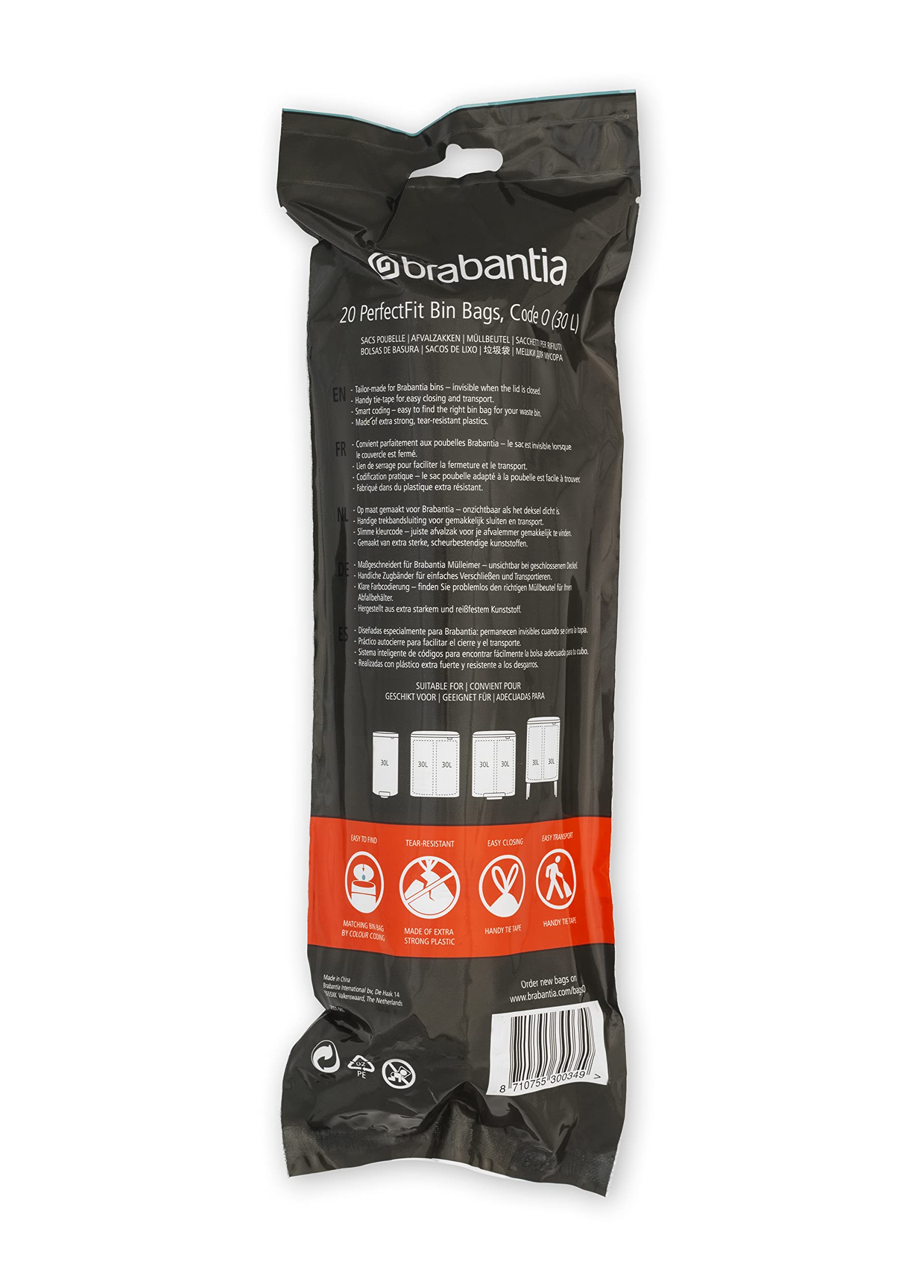 Brabantia PerfectFit 8 Gallon Trash Bags with Drawstring Handles - 120 Count Thick Plastic Trash Can Liners for Kitchen, Bathroom & Office Waste Disposal