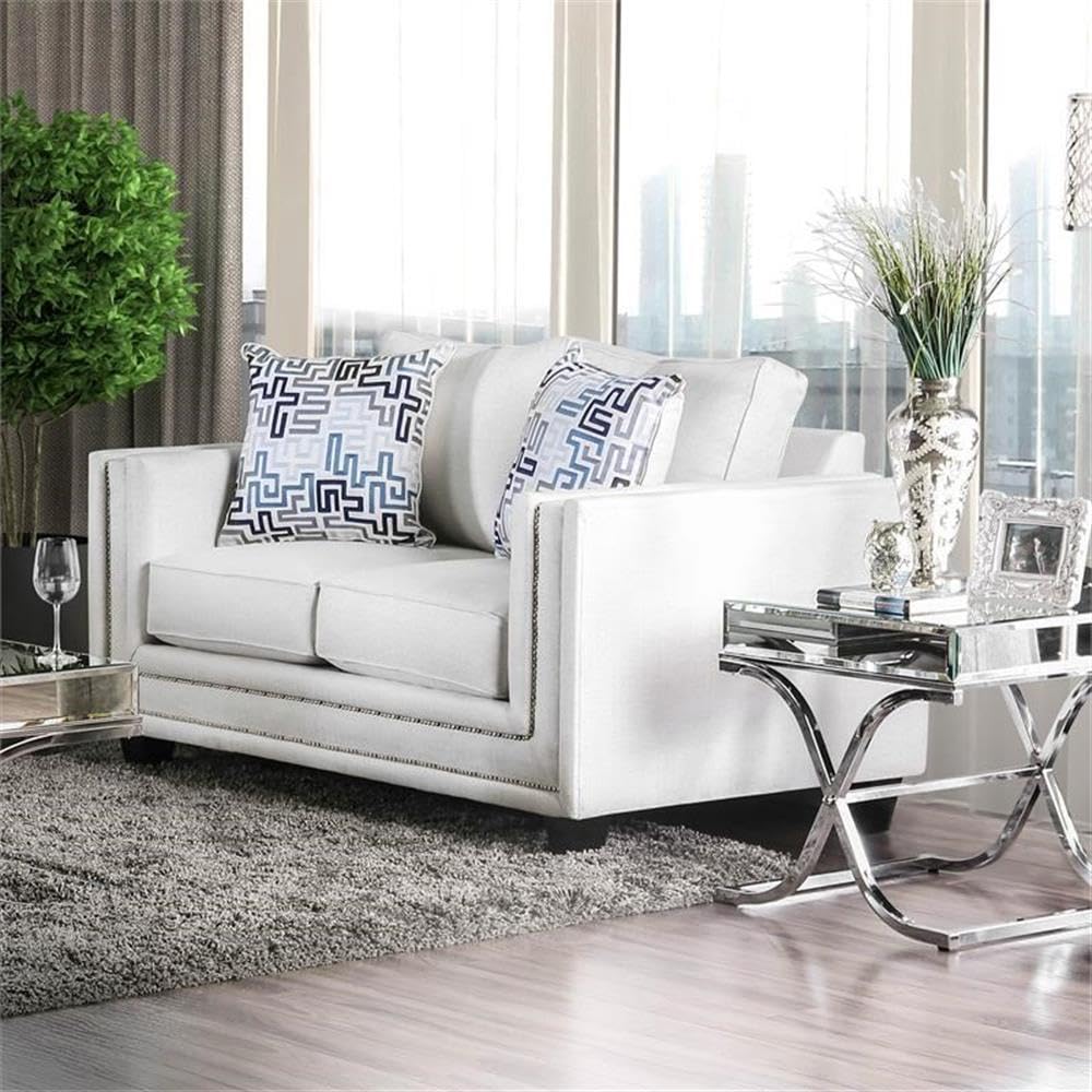 Furniture of America Malden Contemporary Chenille 2-Piece Sofa Set in Ivory - Modern Living Room Furniture for Small Spaces & Apartments