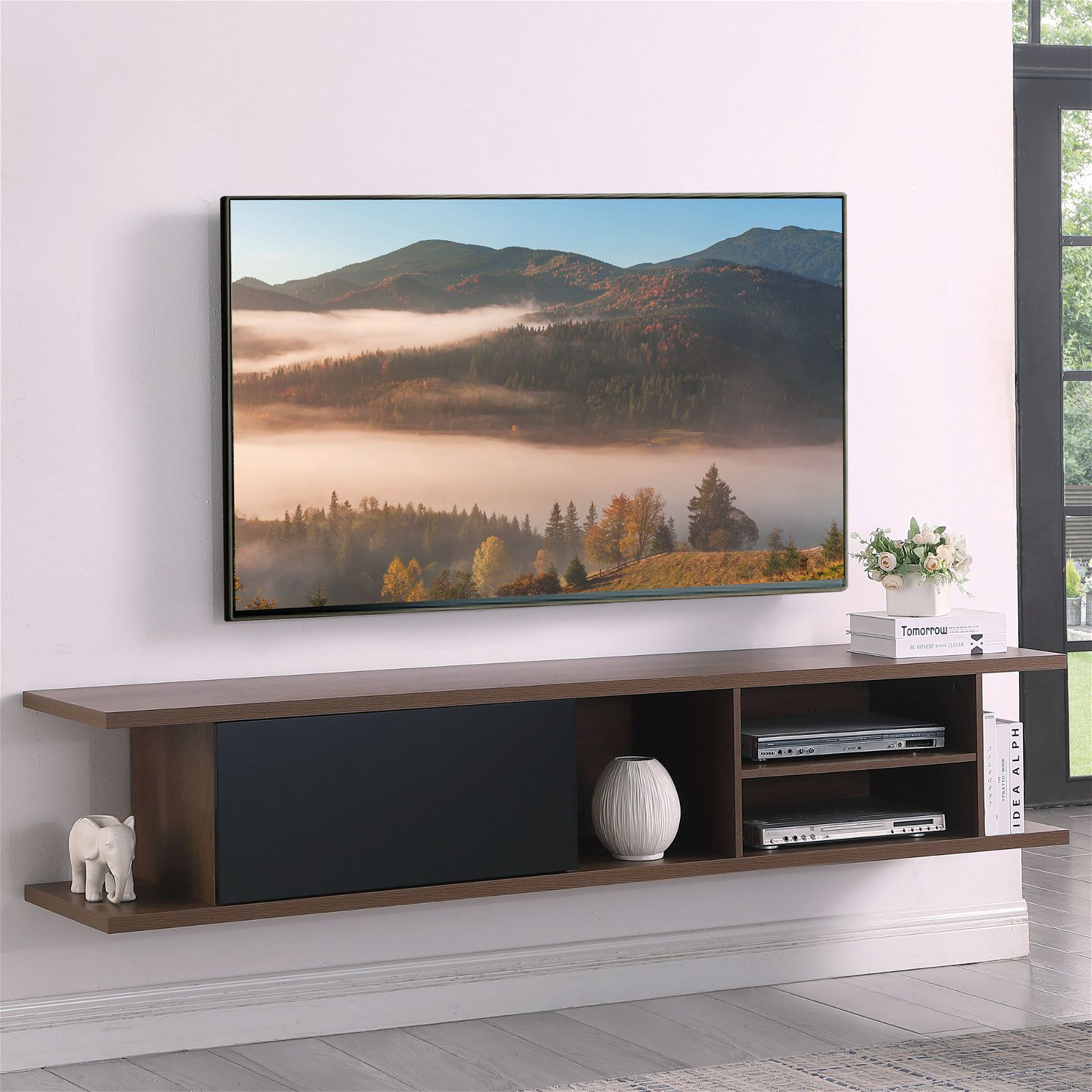 Auldrin 200cm Floating TV Stand Entertainment Center, Wall Mounted TV Console with Storage Shelf - Dark Oak Wood Modern Design by Tauris - Perfect for Living Room, Bedroom & Home Theater Setup