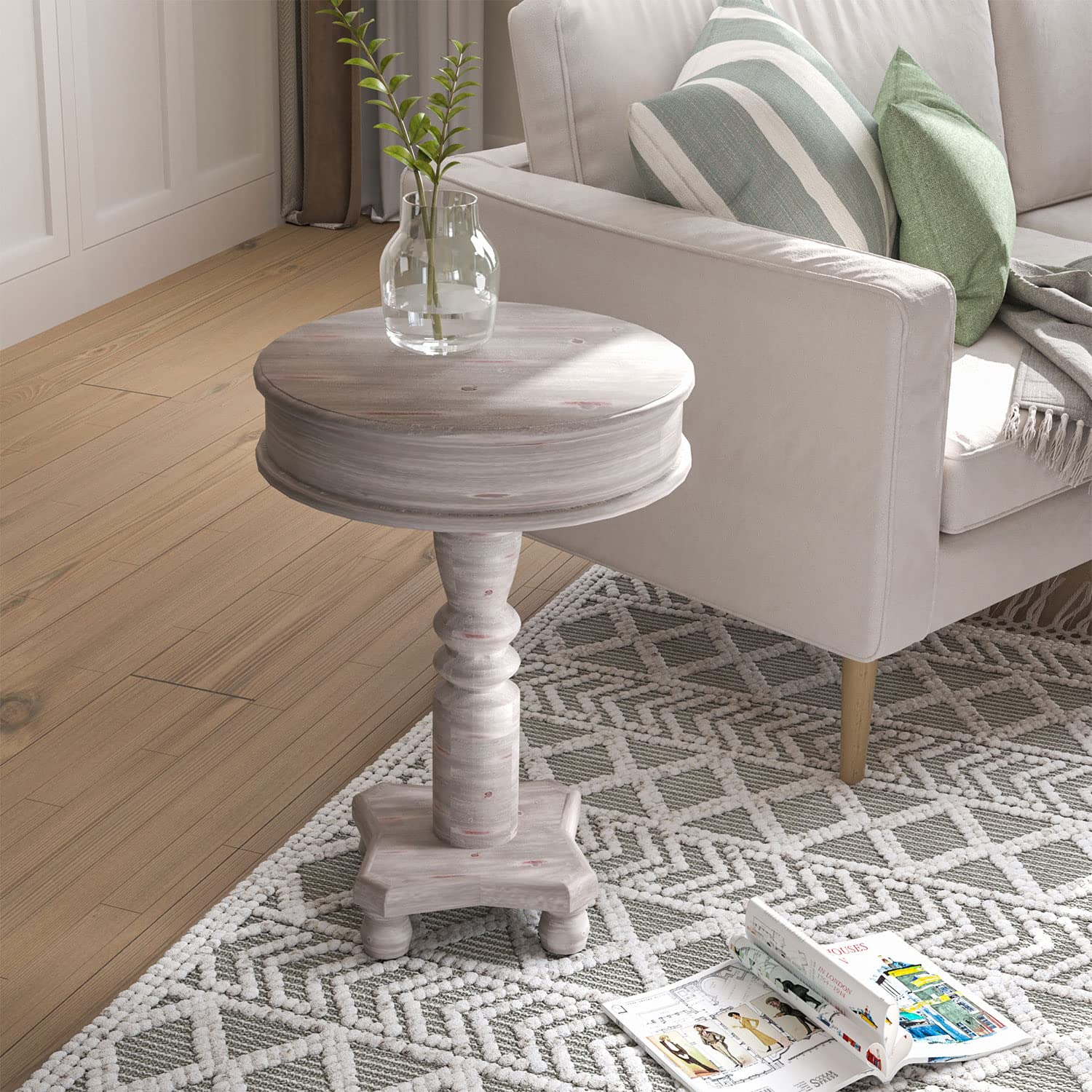 Set of 2 Rustic Wood Accent Side Tables - Farmhouse Round Pedestal End Tables with Distressed Whitewash Finish in Grey | Perfect for Living Room, Bedroom & Home Decor