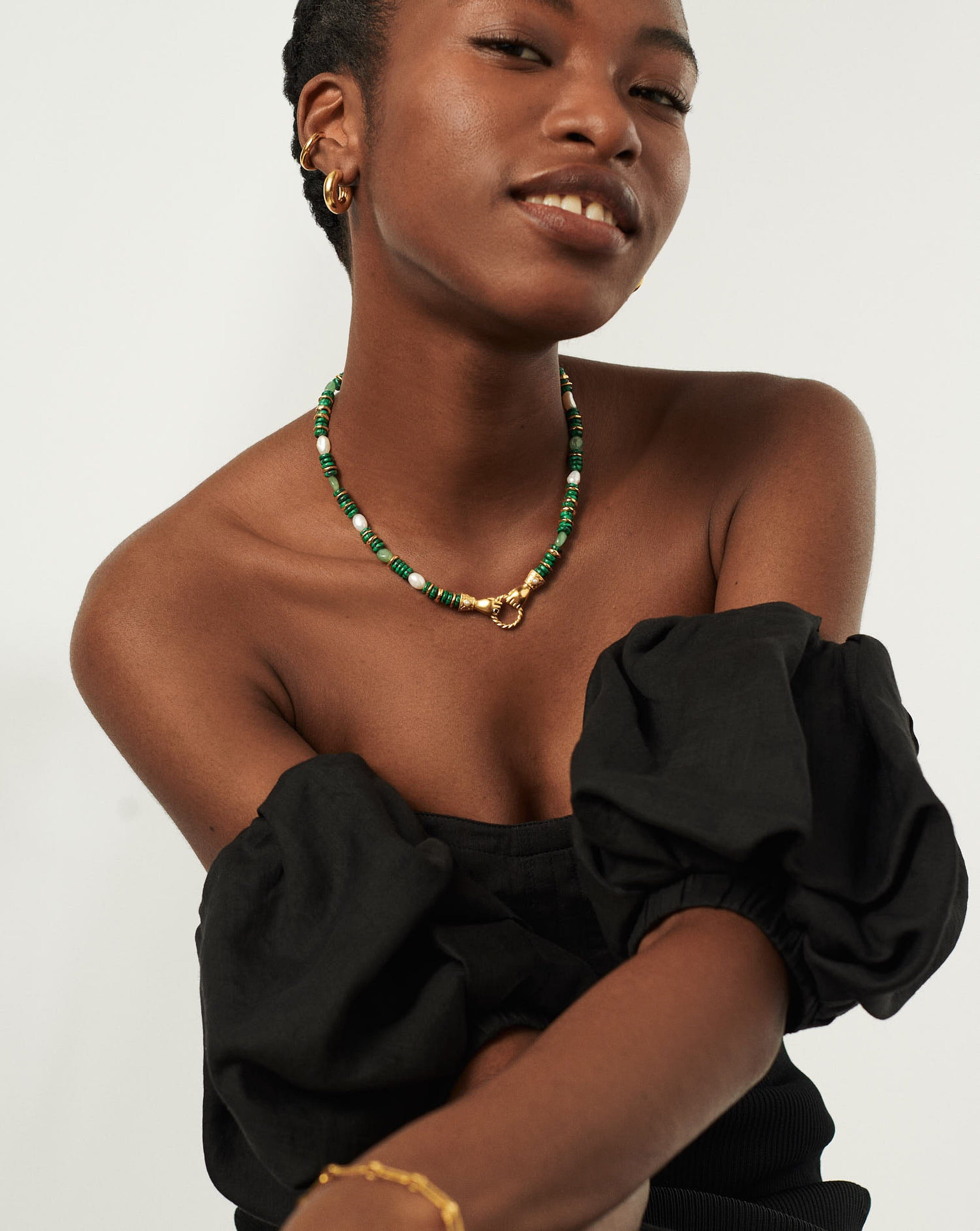 Harris Reed Chunky Beaded Gemstone Necklace - 18k Gold Plated Multi Green Gemstone & Pearl Statement Jewelry for Women | Perfect for Parties, Weddings & Special Occasions