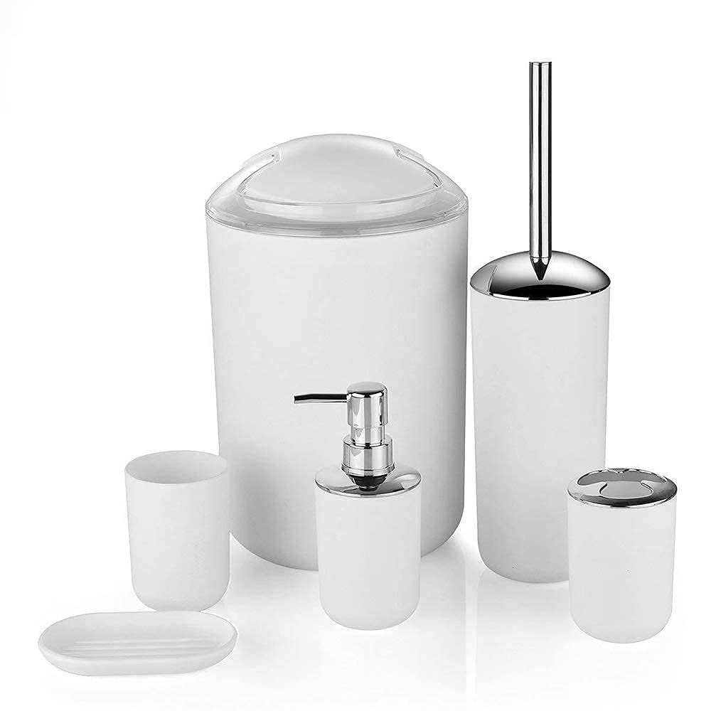 Saifei 6-Piece Plastic Bathroom Accessories Set - Toothbrush Holder, Cup, Soap Dispenser, Soap Dish, Toilet Brush Holder & Trash Can - Modern Beige Bathroom Organizer for Home & Guest Bath Decor