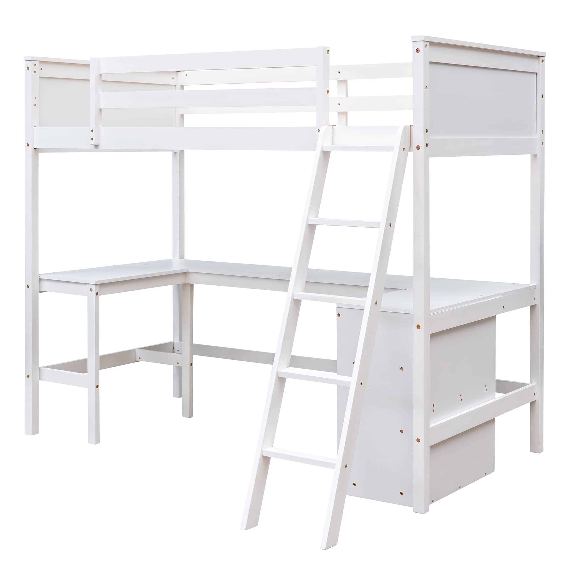 MERITLINE Twin Loft Bed with Study Desk & Storage Shelves - Sturdy Wooden Bunk Bed for Kids, Teens, Boys & Girls - Space-Saving Design (No Box Spring Needed) - Perfect for Small Bedrooms, Dorm Rooms & Kids' Study Areas (Twin Size, White Finish)