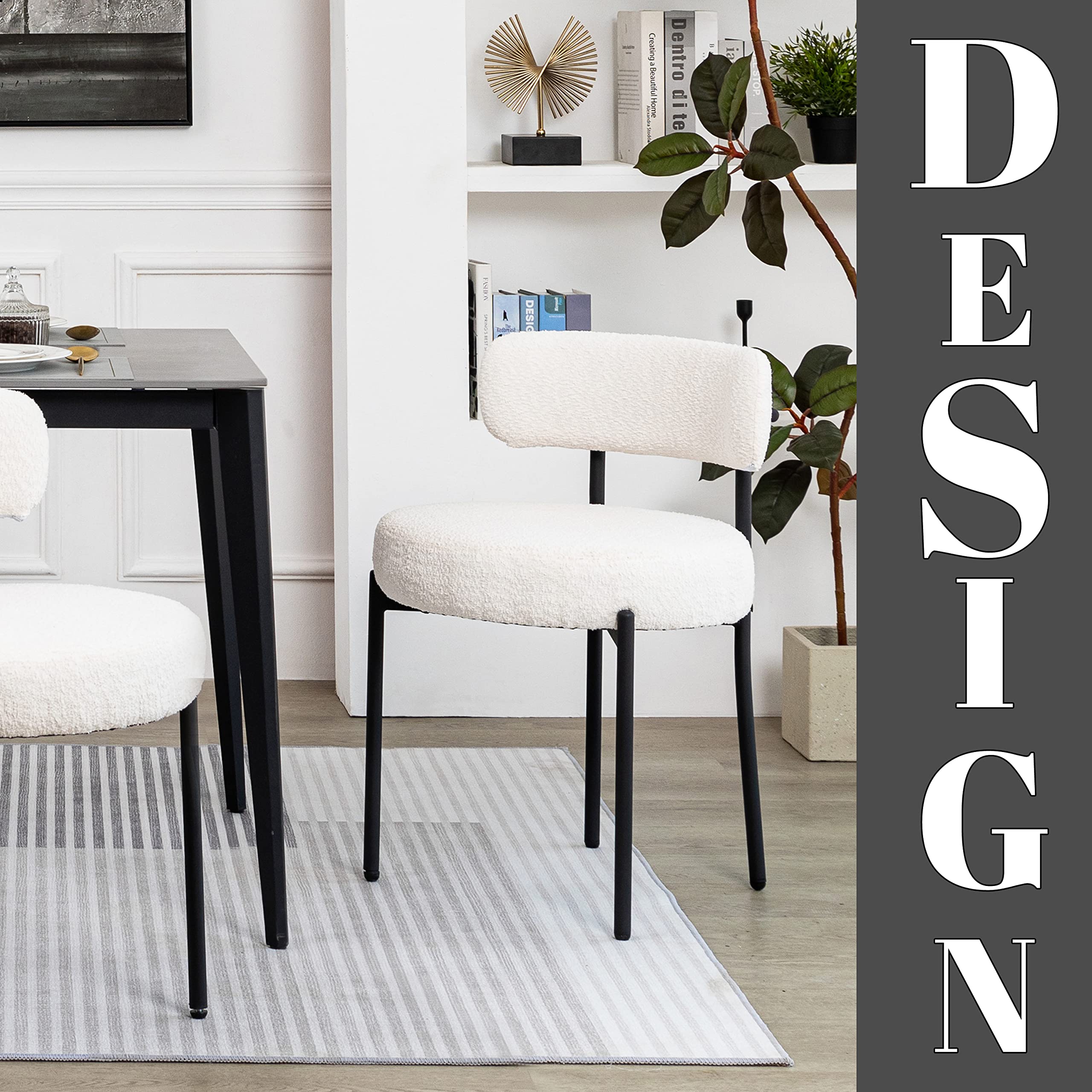 DYHOME White Boucle Dining Chairs Set of 4 - Modern Upholstered Kitchen & Dining Room Chairs with Thick Cushions & Sturdy Metal Legs - Perfect for Kitchen, Living Room, Breakfast Nook & Small Space Dining Areas