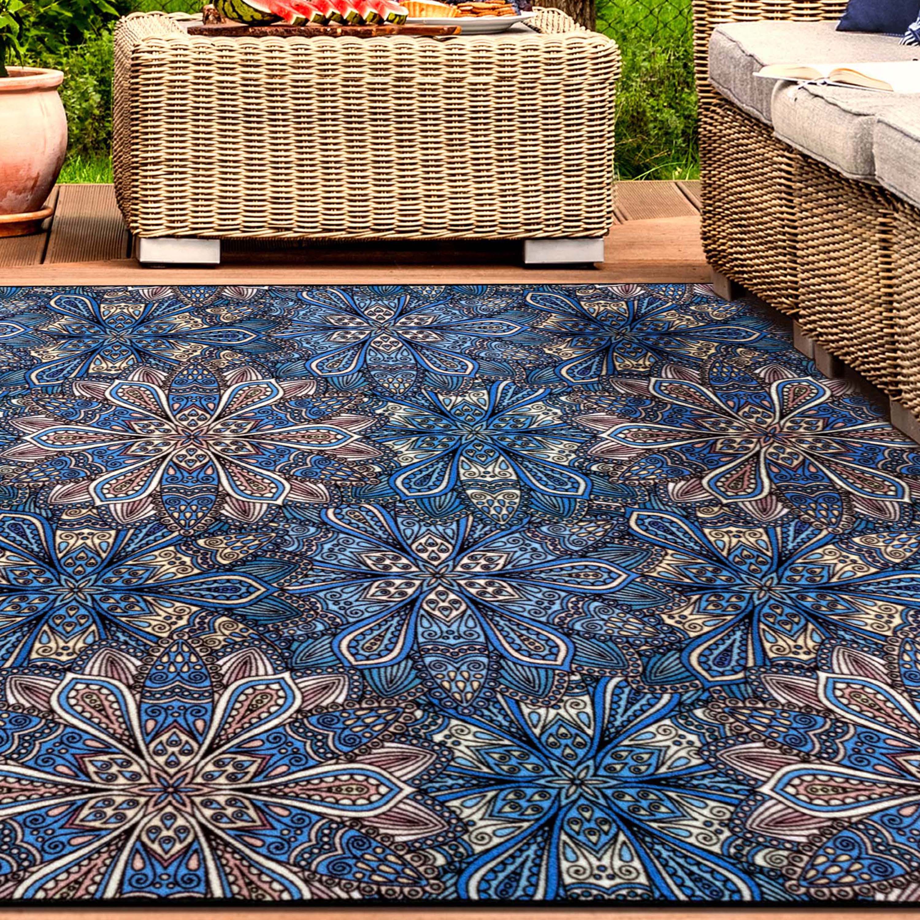 Bohemian Floral Non-Slip Indoor/Outdoor Area Rug - Perfect for Living Room, Bedroom, Patio & Boho Home Decor