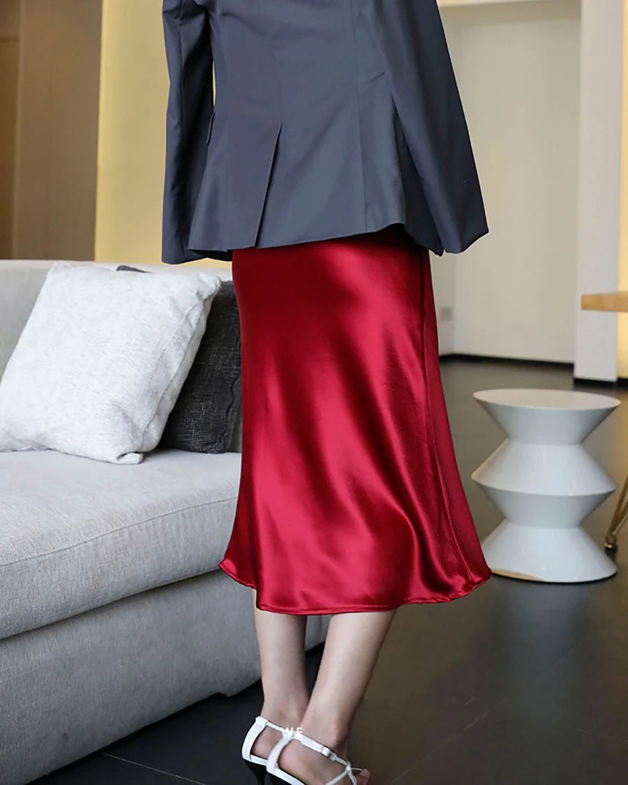Elegant Silk Midi Skirts for Women - Stretchy Elastic Waistband, Flowy A-Line Design - Perfect for Office Wear, Date Nights & Special Occasions