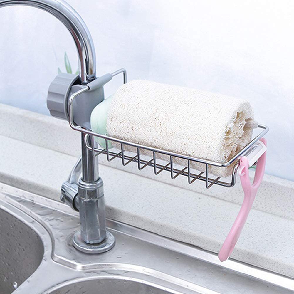 ASTRECA Stainless Steel Soap Sponge Holder Rack - Kitchen & Bathroom Faucet Organizer, Hanging Sink Caddy for Sponges, Brushes & Towels - Perfect for Sink Organization & Countertop Storage