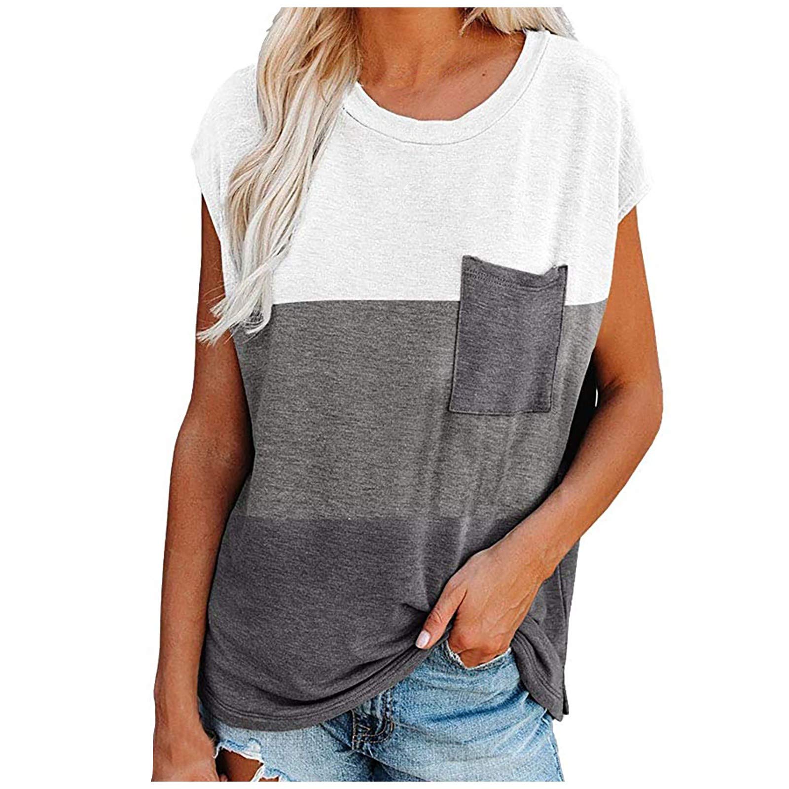Women's Casual Summer T-Shirt - Round Neck Loose Fit Chiffon Top with Pocket & Color Block Design | Perfect for Beach Outings, Weekend Wear & Vacation Essentials