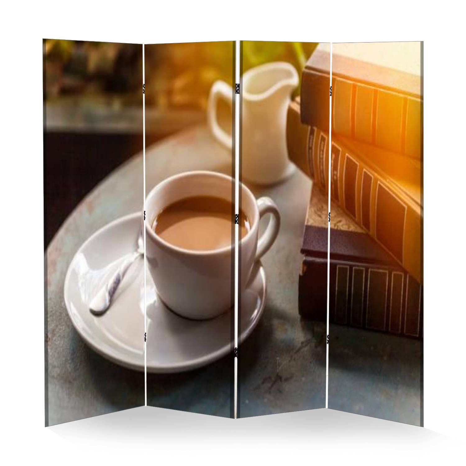 VDSRYGMLB 4-Panel Wooden Room Divider - Folding Privacy Screen with Canvas Panels for Home Office, Living Room & Bedroom - Dual-Sided Decorative Partition with Shelf Space for Books, Plants & Coffee Cups - Indoor Display & Space Divider Solution
