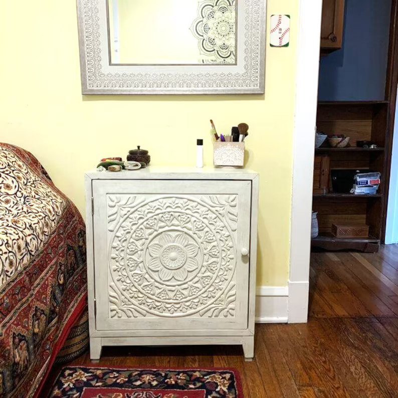 Hand Carved Floral Design Wooden Nightstand - Elegant Bedside Table with Vintage Accent for Bedroom Decor | Perfect for Small Spaces, Guest Rooms & Master Bedrooms