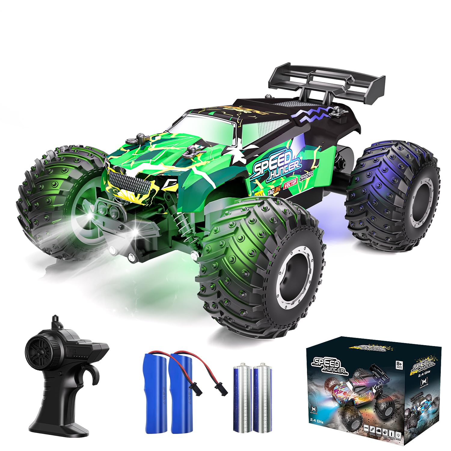 2WD All Terrain RC Monster Truck - 20Km/h Fast Remote Control Car with 2 Rechargeable Batteries & LED Lights | Off-Road Hobby Vehicle for Boys & Kids | Perfect for Outdoor Play, Backyard Racing & Birthday Gifts