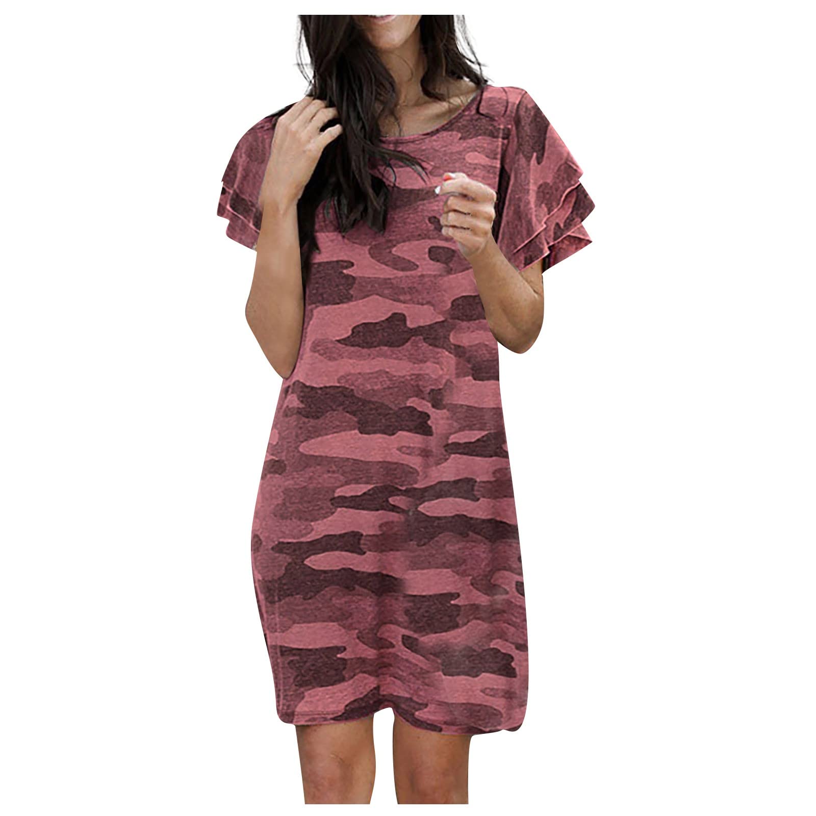 HUTJDHA Women's Camo Flounce Fitted Mini Dress - Crewneck Summer Tunic with Ruffle Sleeves, Soft Polyester Fabric for Beach, Party & Casual Wear