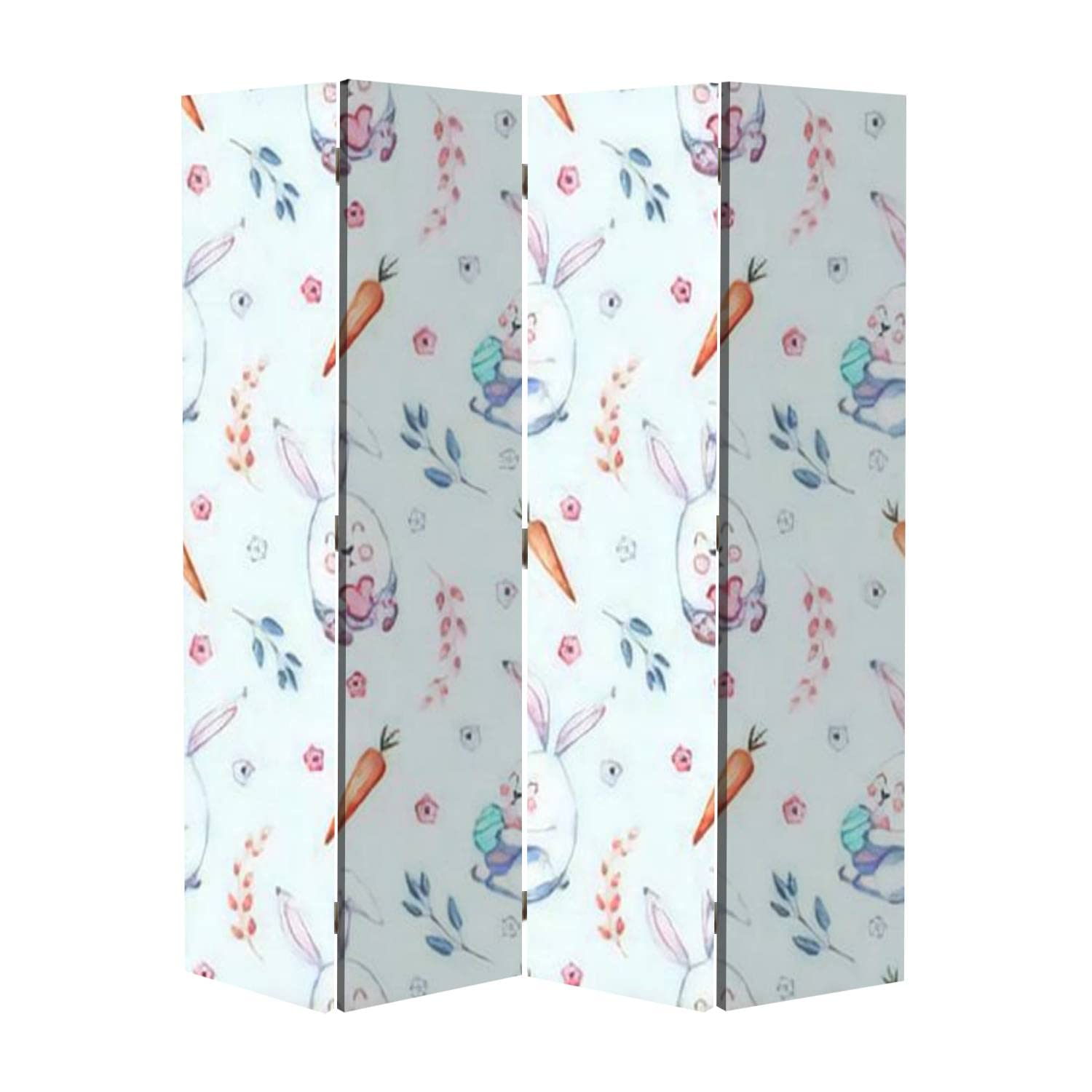 Easter Bunnies 4-Panel Folding Privacy Screen - Decorative Watercolor Canvas Room Divider with Carrots & Willow Twigs for Home Office, Bathroom, Bedroom or Nursery - Portable Space Partition for Work & Relaxation