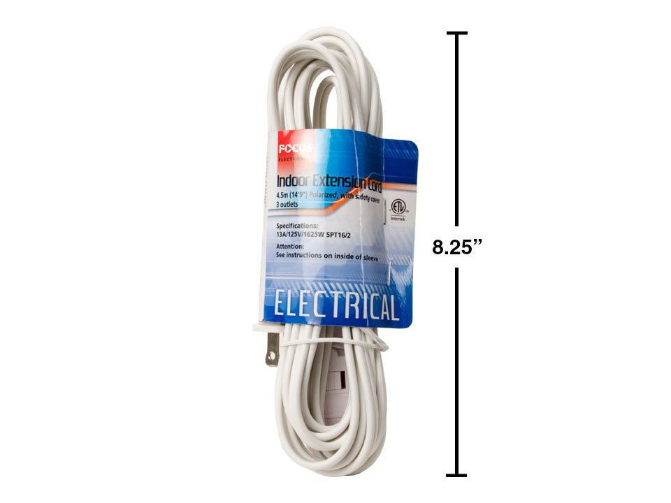 FOCUS ELECTRONICS 4.5m White Extension Cord - 15ft Heavy Duty Power Cable with 3 Outlets for Home, Office & Outdoor Use - 86958