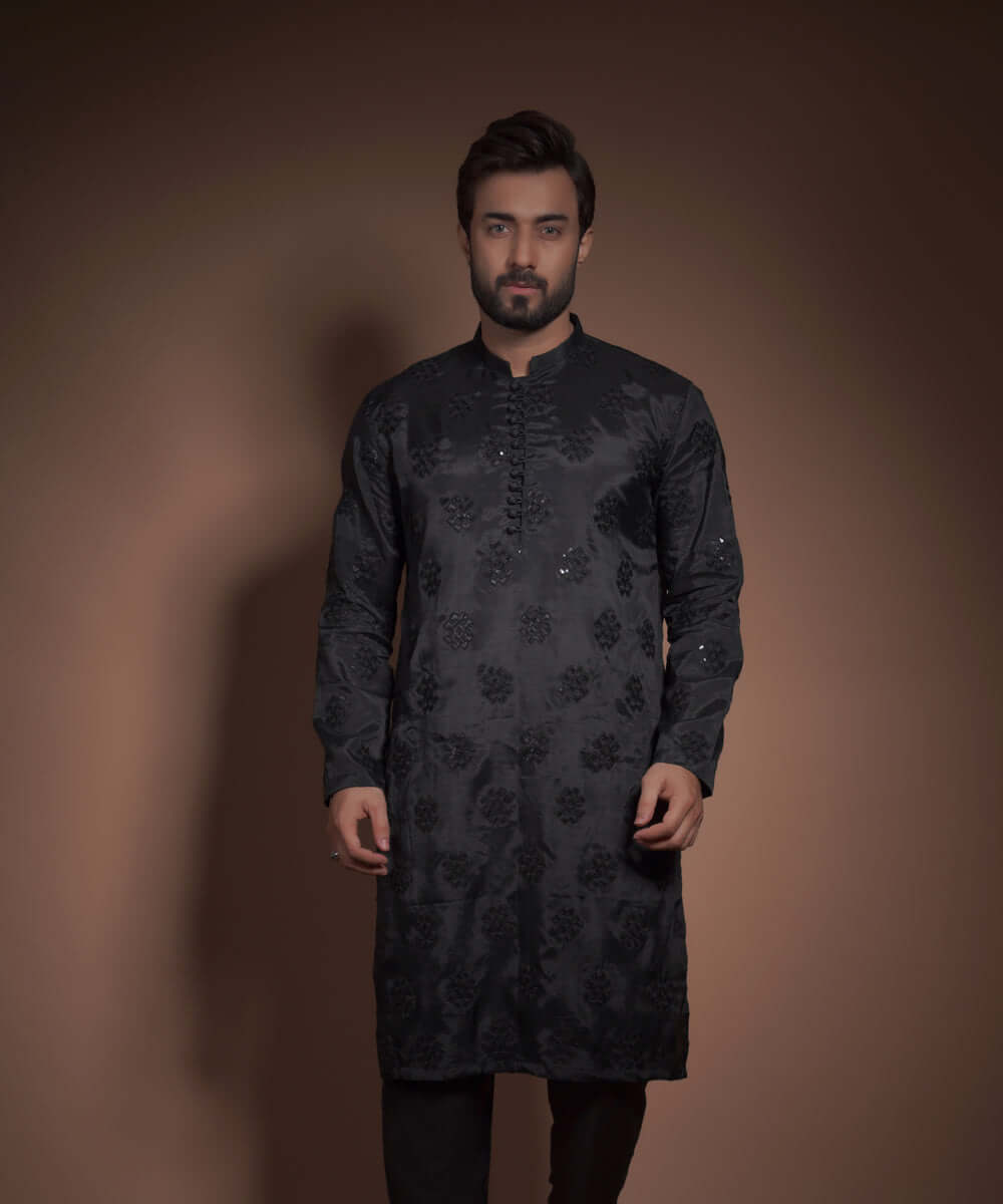 Elegant Black Shiny Raw Silk Kurta with Intricate Motifs - Perfect for Festivals, Weddings & Special Occasions