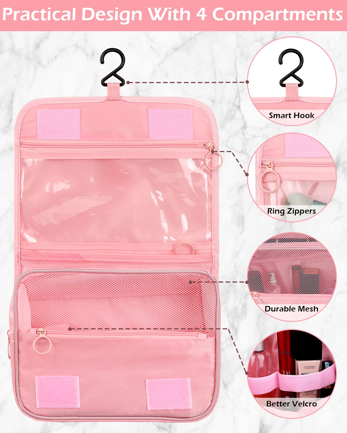 Waterproof Hanging Makeup Bag for Women - Travel Toiletry Organizer with Clear Window & Hook | Cosmetic Storage for Bathroom, Shower & On-the-Go | Pink Travel Accessories