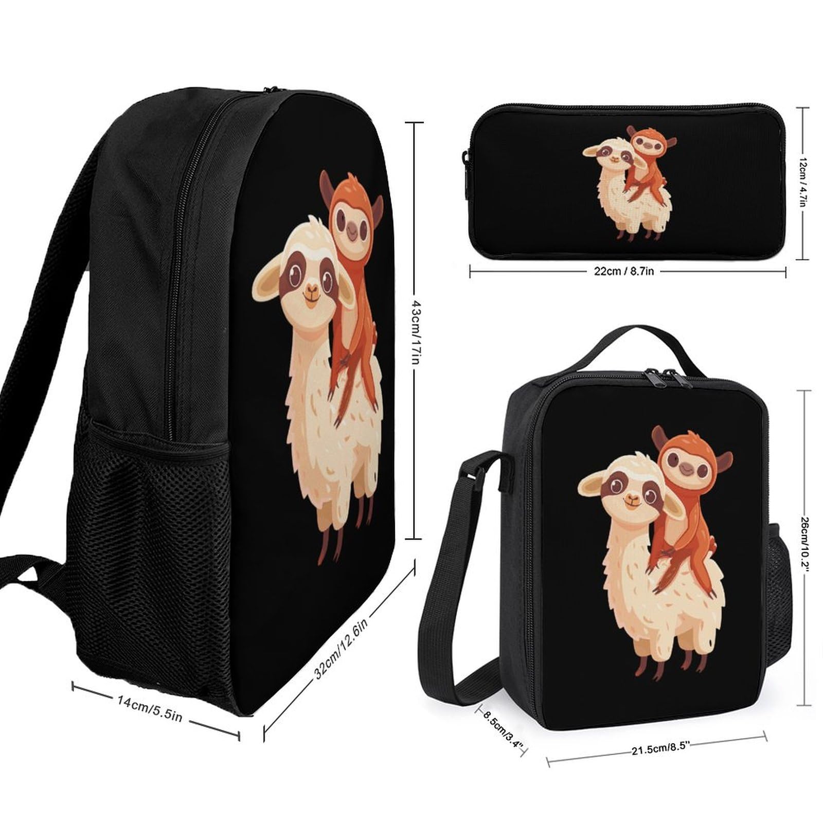 Sloth Laying Llama 3-Piece Laptop Backpack Set - 17 Inch Lightweight Daypack with Lunch Box & Pencil Case for Men & Women - Perfect for Work, School & Travel