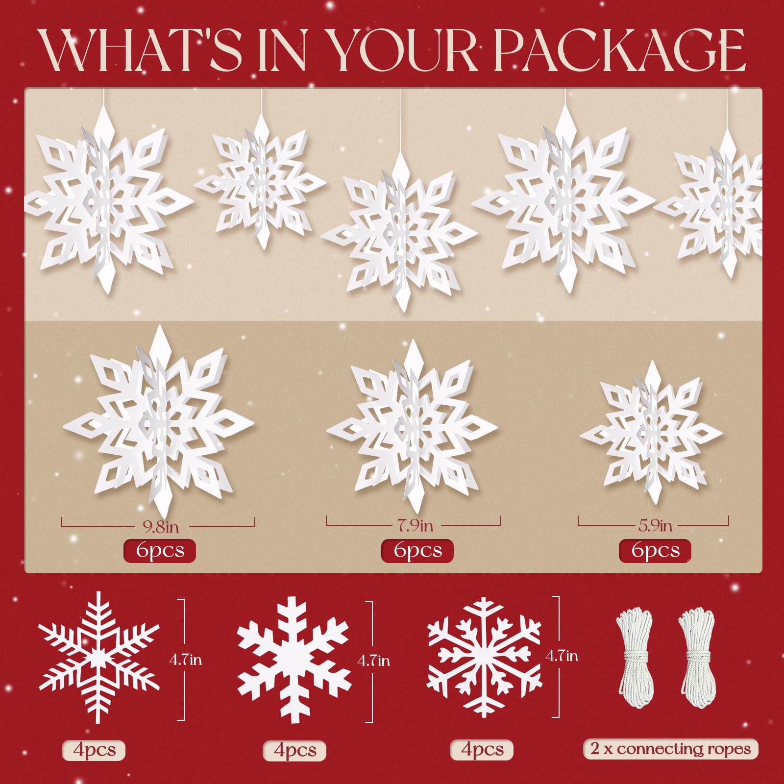 30pcs 3D Hanging Snowflake Decorations - Large Paper Snowflake Garland for Christmas Tree & Winter Wonderland Party Decor - Indoor Home Holiday Decorations for White Christmas, New Year & Winter Weddings