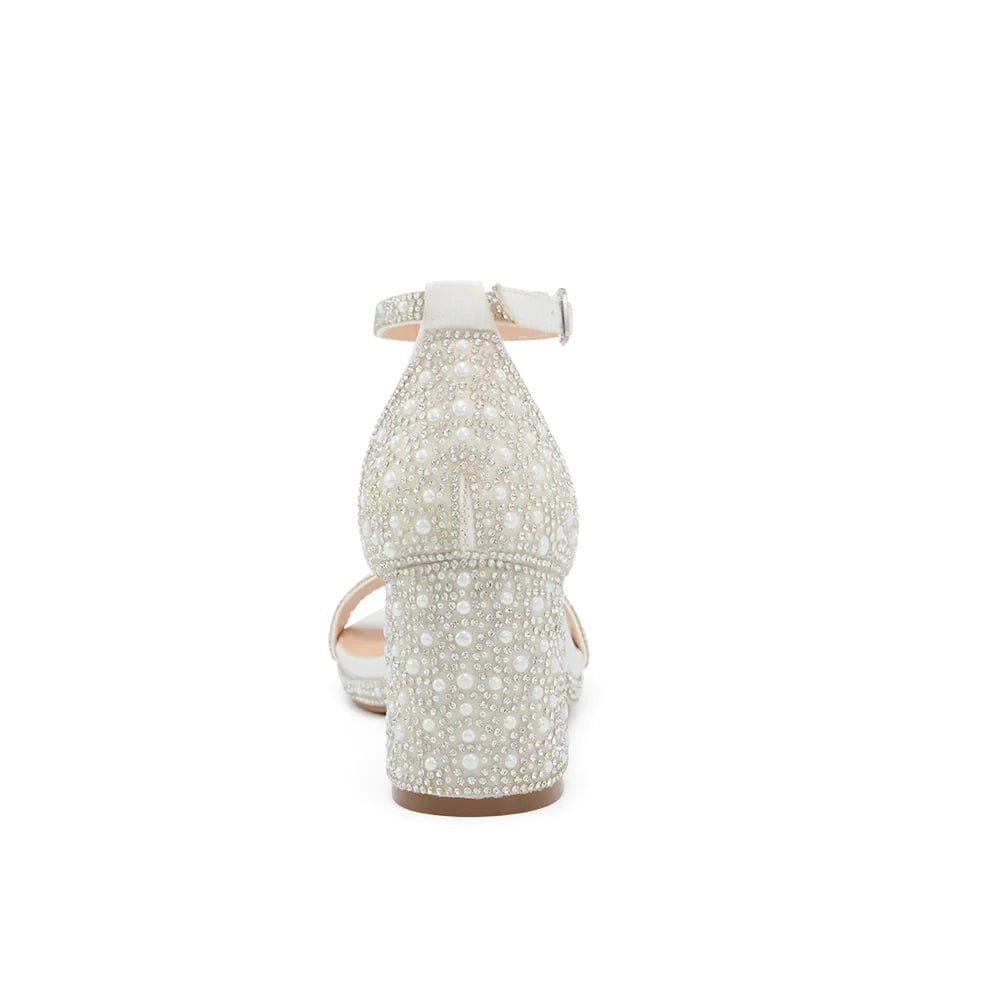 Elegant White Shimmer Block Heels for Women - Comfortable Chunky Heel Sandals for Weddings, Parties & Evening Events