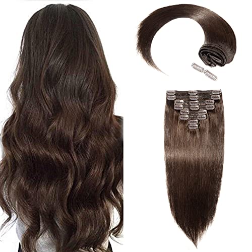 Clip In Hair Extensions 14 Inch - 100% Real Human Remy Hair, Dark Brown, Double Weft, 120g, 8PCS with Secure Clips - Perfect for Volume & Length - Great for Parties, Weddings & Daily Styling