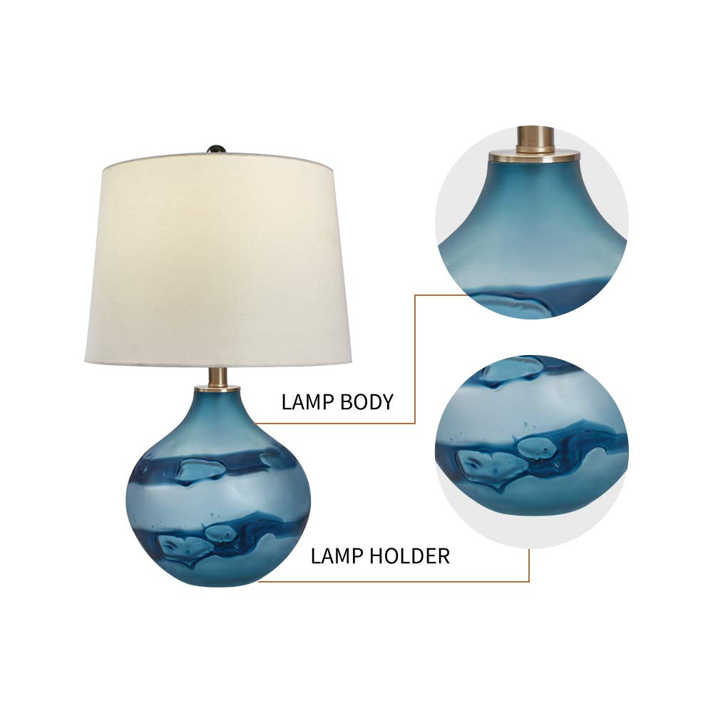 Maxax Glass Table Lamps Set of 2 - Large Blue Bedside Nightstand Lamps with White Drum Shade for Bedroom, Living Room & Office Decor | Perfect for Reading, Relaxing & Creating Ambient Lighting