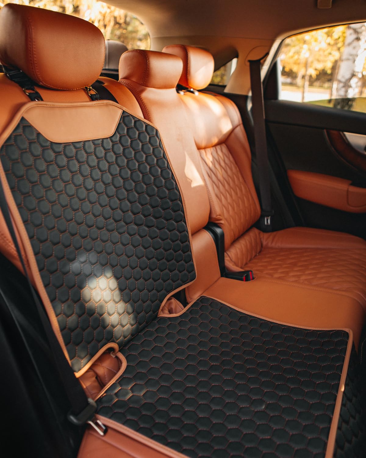 Premium Leather Car Seat Protector for Child Safety Seats - Waterproof & Scratch-Resistant Infant Car Seat Cover for Back Seat or Front Booster Seat | Protects from Dirt, Spills & Wear | Ideal for Family Travel, Daily Commutes & Road Trips (1pc, Hexy Design)