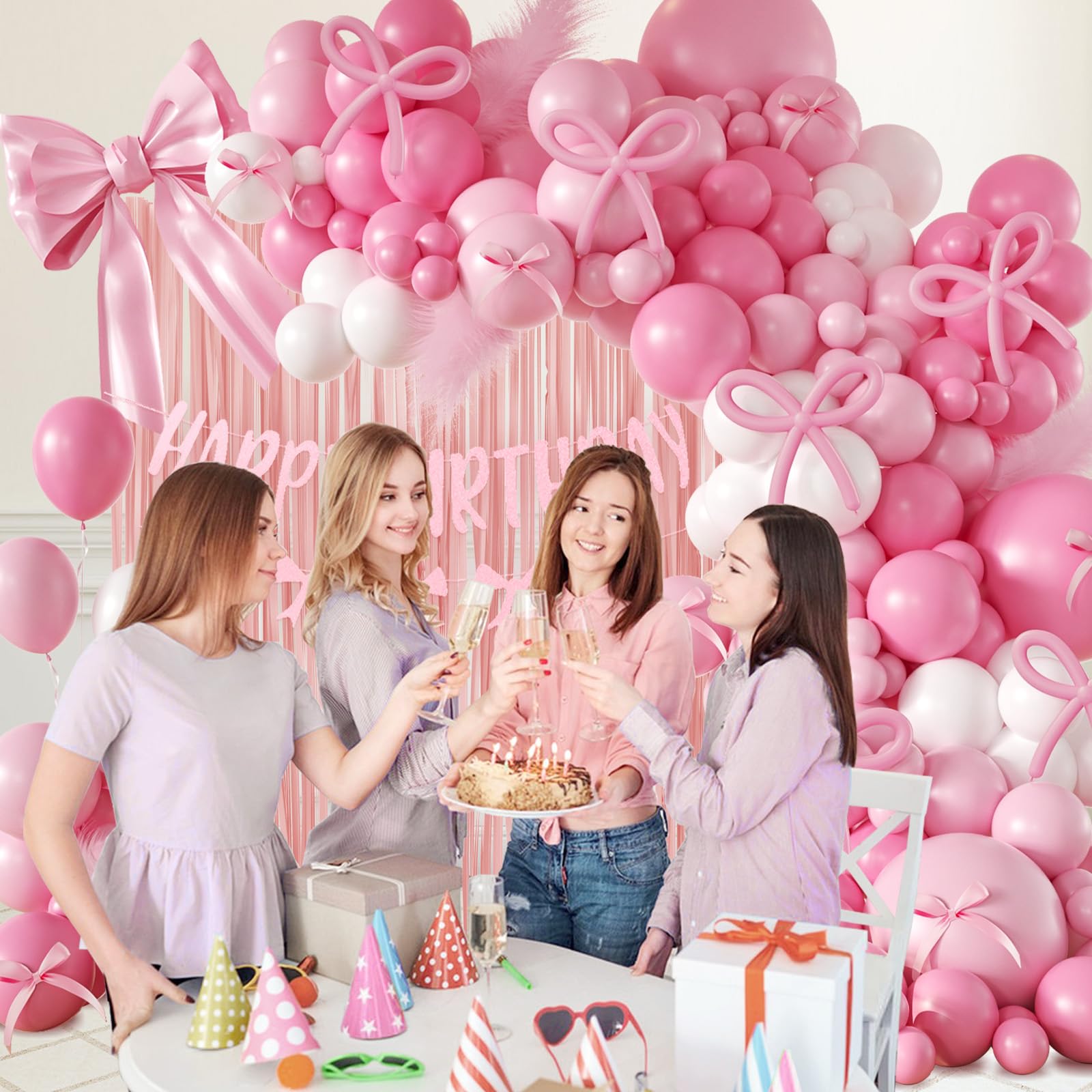 Elegant Coquette Pink Birthday Decorations for Adults & Women - White & Light Pink Long Balloons, Bow Banner, Fringe Curtains - Perfect for Bow Parties, Birthday Celebrations & Girly Events