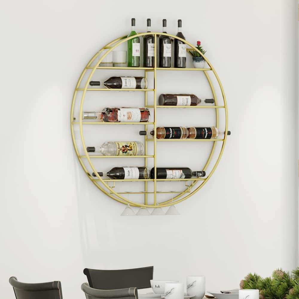 12 Bottle Wall Mounted Wine Rack - Gold Metal Bar Shelf with Glass Holder - Hanging Display for Home Bar, Dining Room & Kitchen (35.5