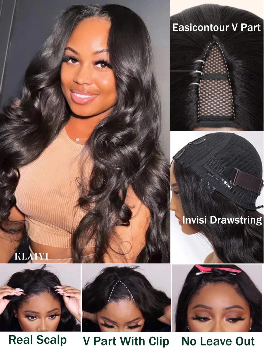 KLAIYI EasiContour V-Part Human Hair Wig - 18