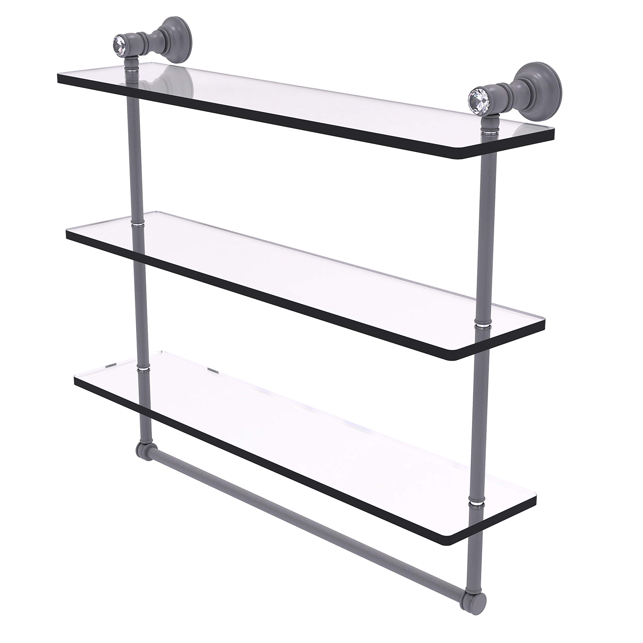 Allied Brass CC-5-22-TB Carolina Crystal Collection 22 Inch Triple Towel Bar with Glass Shelf in Matte Gray - Perfect for Bathroom, Spa, and Luxury Home Decor