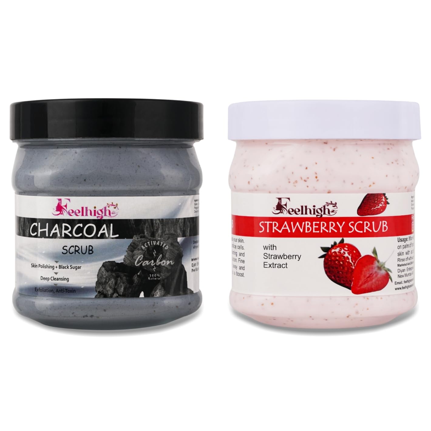 Charcoal & Strawberry Deep Cleansing Face Scrub Combo - 500ml Each with Activated Charcoal, Black Sugar & Strawberry Extract - Exfoliating Facial Kit for Men & Women - Perfect for Acne-Prone Skin & Blackhead Removal
