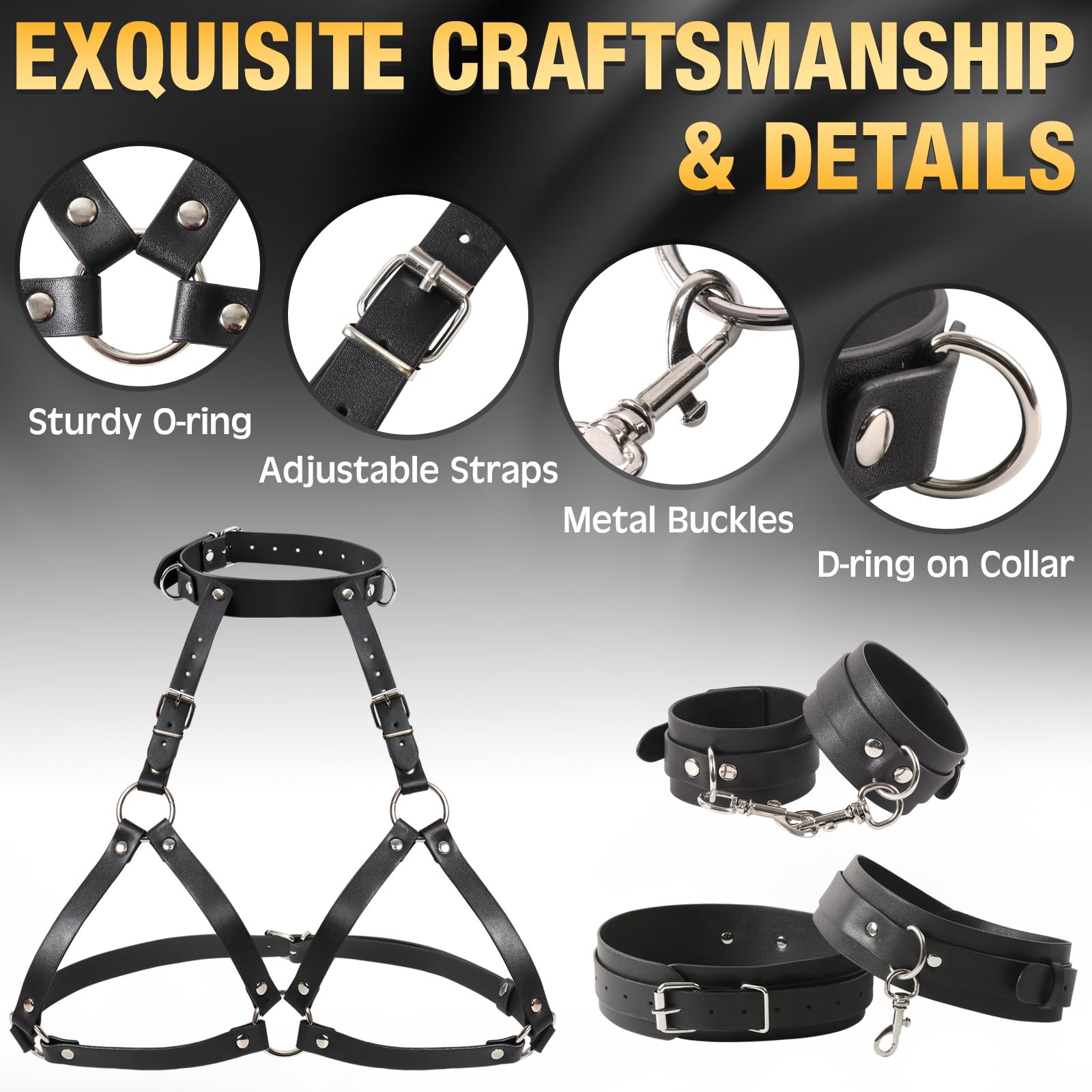 Leather BDSM Bondage Restraint Set - Breast & Thigh Harness with Wrist Cuffs for Couples, SM Games & Kinky Lingerie (Black) - Perfect for Bedroom Play & Sensual Exploration