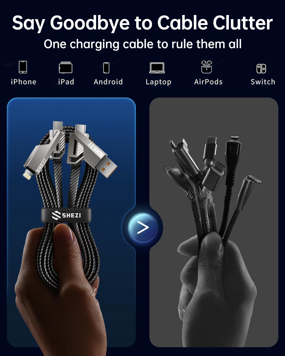 Upgraded 2.0 SHEZI 4-in-1 USB C Cable 60W 5FT Fast Charging & Data Sync - MFI Certified Lightning Cable with Flat Braided Design - Compatible with iPhone 15/14/13, iPad, Samsung Galaxy & More - Perfect for Travel, Office & Home Charging