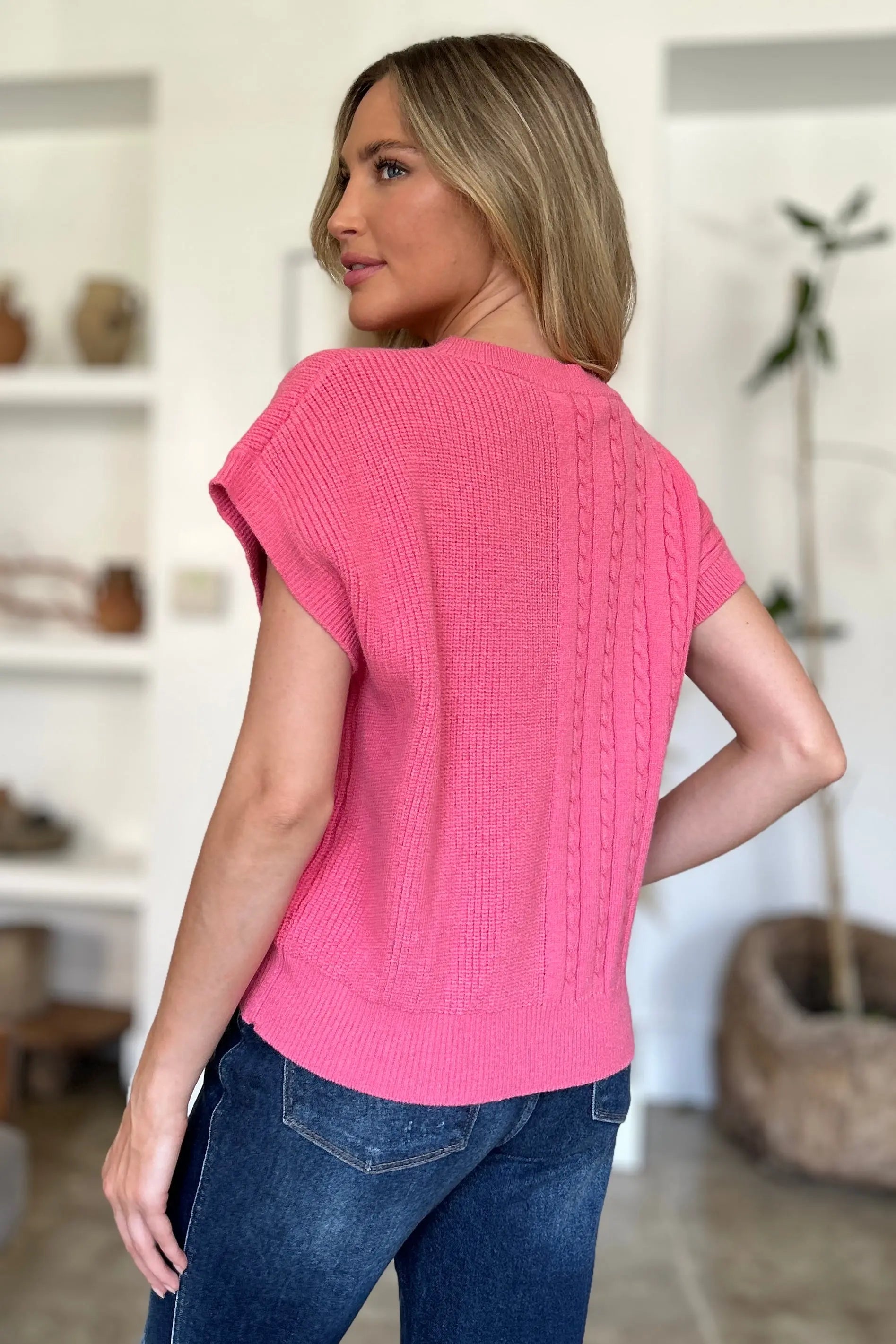 Double Take Full Size Cable Knit Round Neck Short Sleeve Sweater for Women - Cozy Casual Pullover Top for Fall & Winter - Perfect for Office, Date Night and Weekend Outings