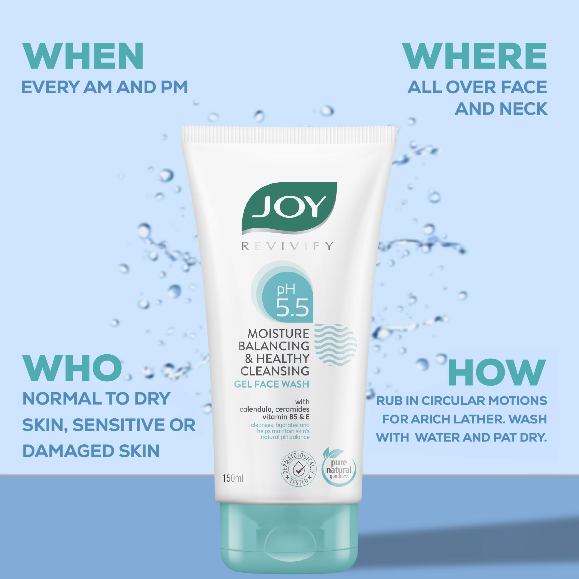 Joy pH 5.5 Hydrating Gel Face Wash with Ceramides 150ml - Gentle Cleanser for Sensitive Skin, Restores Skin Barrier | Daily Face Wash for Dry, Dehydrated & Irritated Skin | Perfect for Morning & Night Skincare Routine