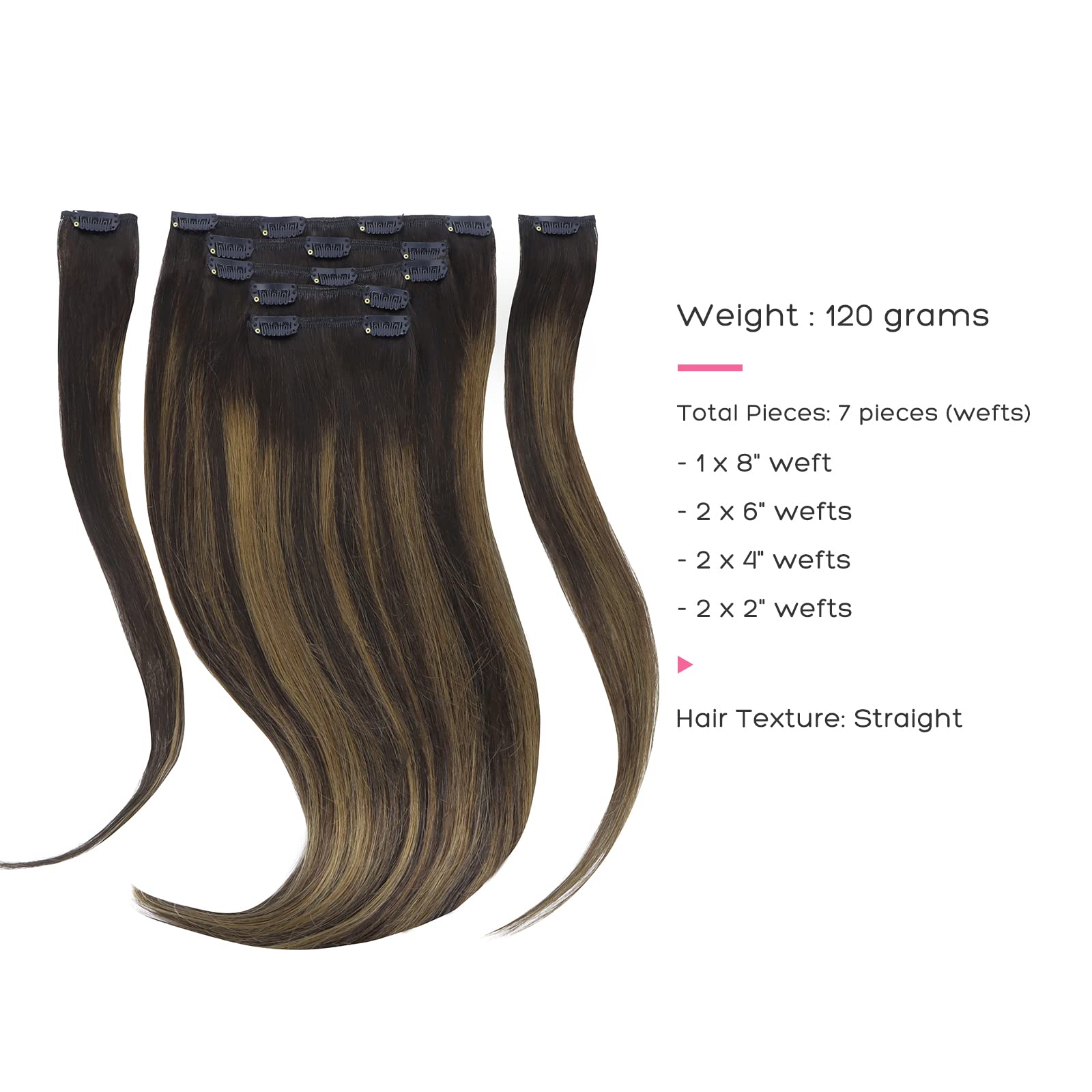 Marat Clip-In Human Hair Extensions 20 Inch Straight - Dark Brown Mixed Chestnut Brown 120g | Natural Looking Hair Extensions for Length & Volume | Perfect for Parties, Weddings & Daily Styling