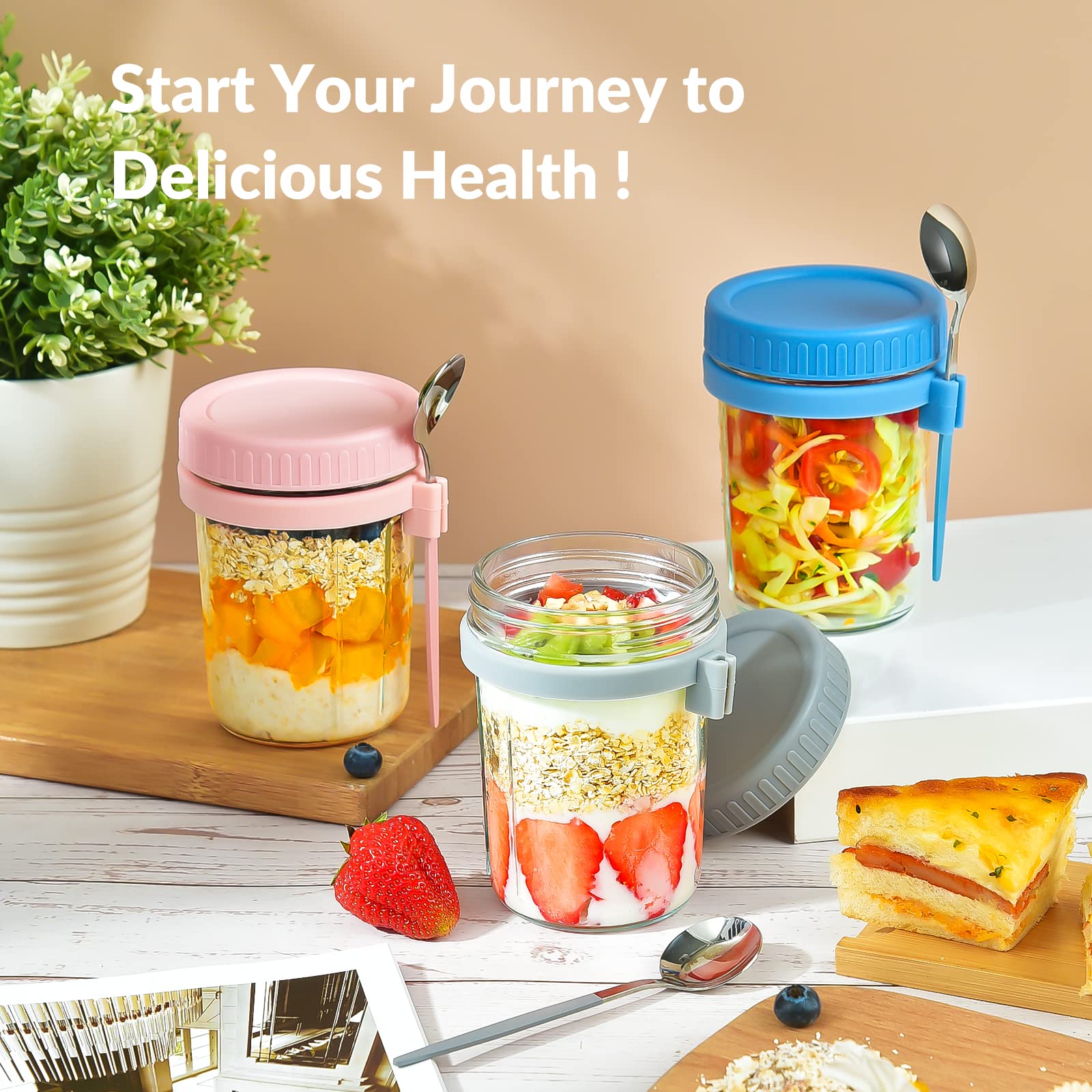 DRKIO 4 Pack 16 Oz Glass Mason Jars with Lids & Spoons - Leak Proof Overnight Oats Containers for Meal Prep, Perfect for Cereal, Yogurt, Fruit, Salad, Vegetables & Milk Storage - Ideal for Breakfast, Office Lunch & Healthy Snacks On-The-Go