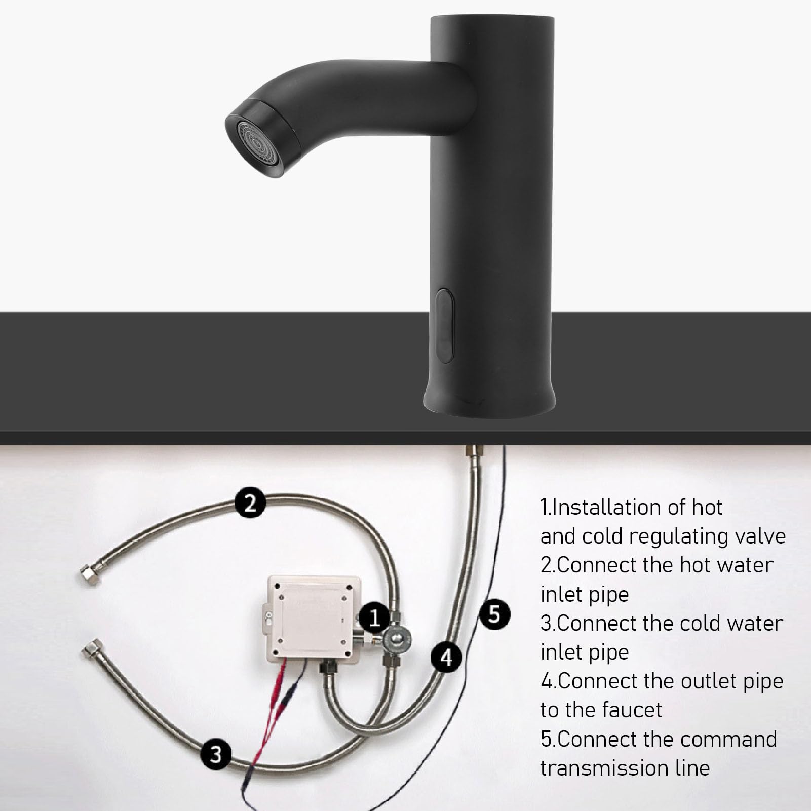 Touchless Sink Faucet with Motion Sensor - Battery Powered Automatic Faucet with Infrared Sensor for Hands-Free Washing - Ideal for Kitchen, Bathroom, and Public Restrooms (Black)