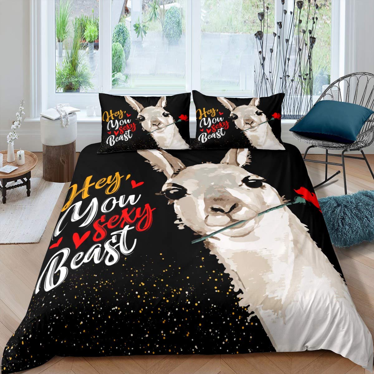 Cute Llama Alpaca Rose Duvet Cover Set for Kids - Twin Size 2Pcs Bedding Set with Cartoon Animal Print - Black & Red Comforter Cover for Boys & Girls - Soft Alpaca Bedroom Collection - Perfect for Kids' Room Decor & Cozy Sleep