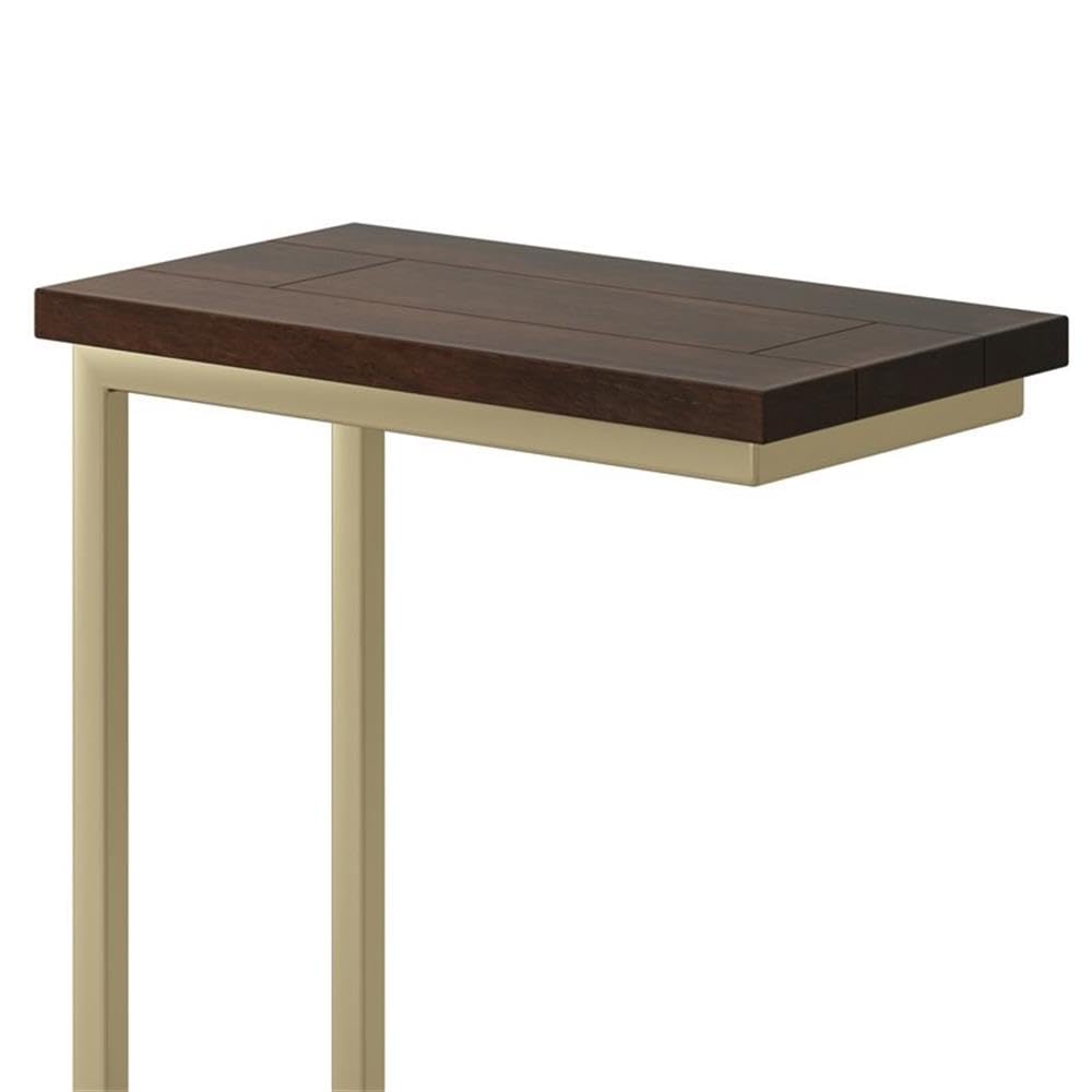 Allora Small C-Shaped End Table - Industrial Narrow Side Table for Small Spaces, Rustic Living Room Accent Table, Dark Brown Solid Wood & Gold Metal Sofa Table - Perfect for Office, Bedroom, or Apartment Decor