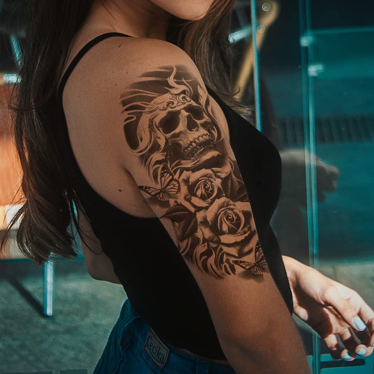 8 Sheets Waterproof Fake Body Art Temporary Tattoos - Skull, Face Flower, Eye, Snake & Bird Wing Designs for Arms & Legs | Perfect for Halloween, Cosplay, Parties & Festivals