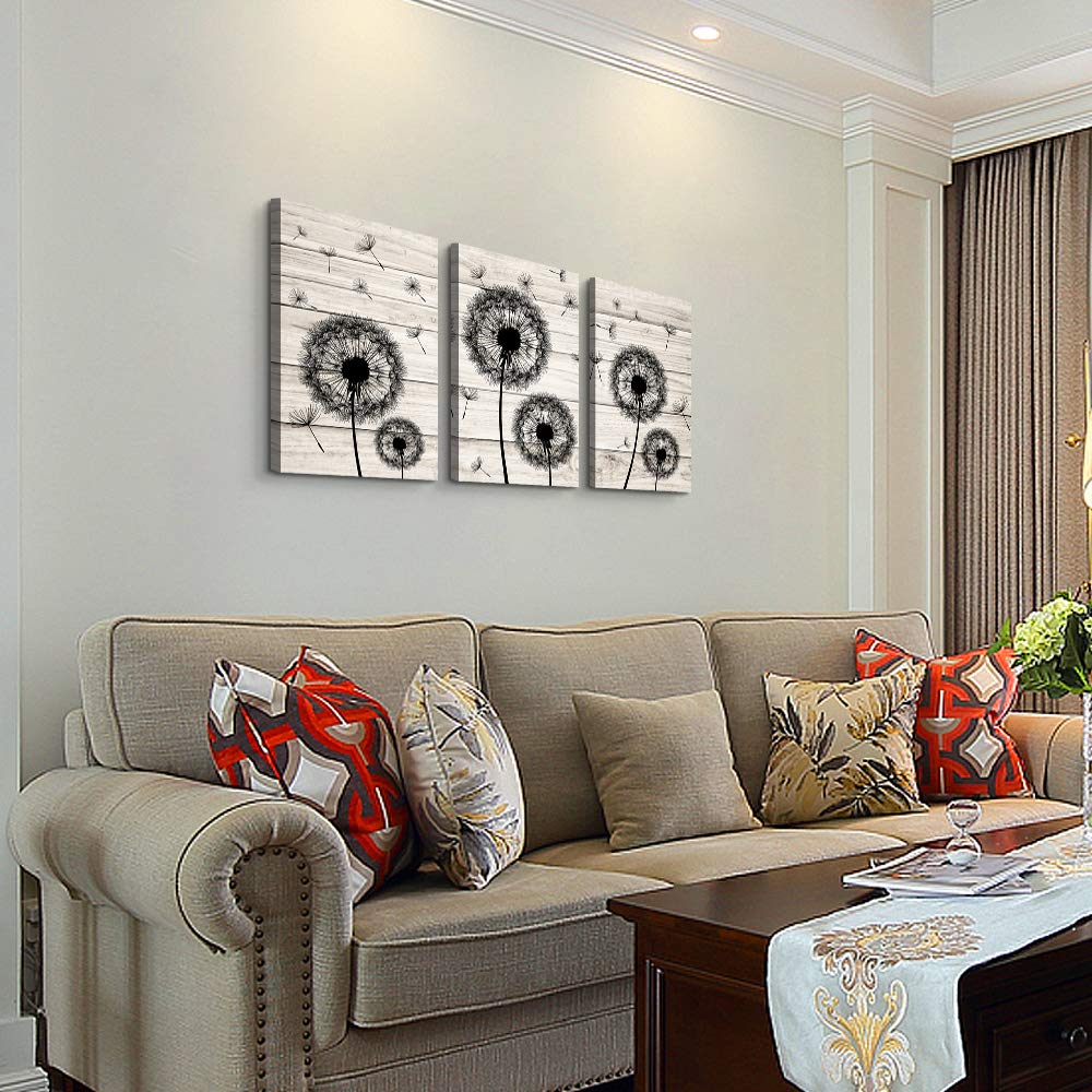 3-Piece Black Dandelion Flowers Canvas Wall Art Set - Abstract Paintings for Living Room, Bedroom, Kitchen & Office Decor - Ready to Hang Home Decoration Pictures (Perfect for Modern Spaces & Gift Giving)
