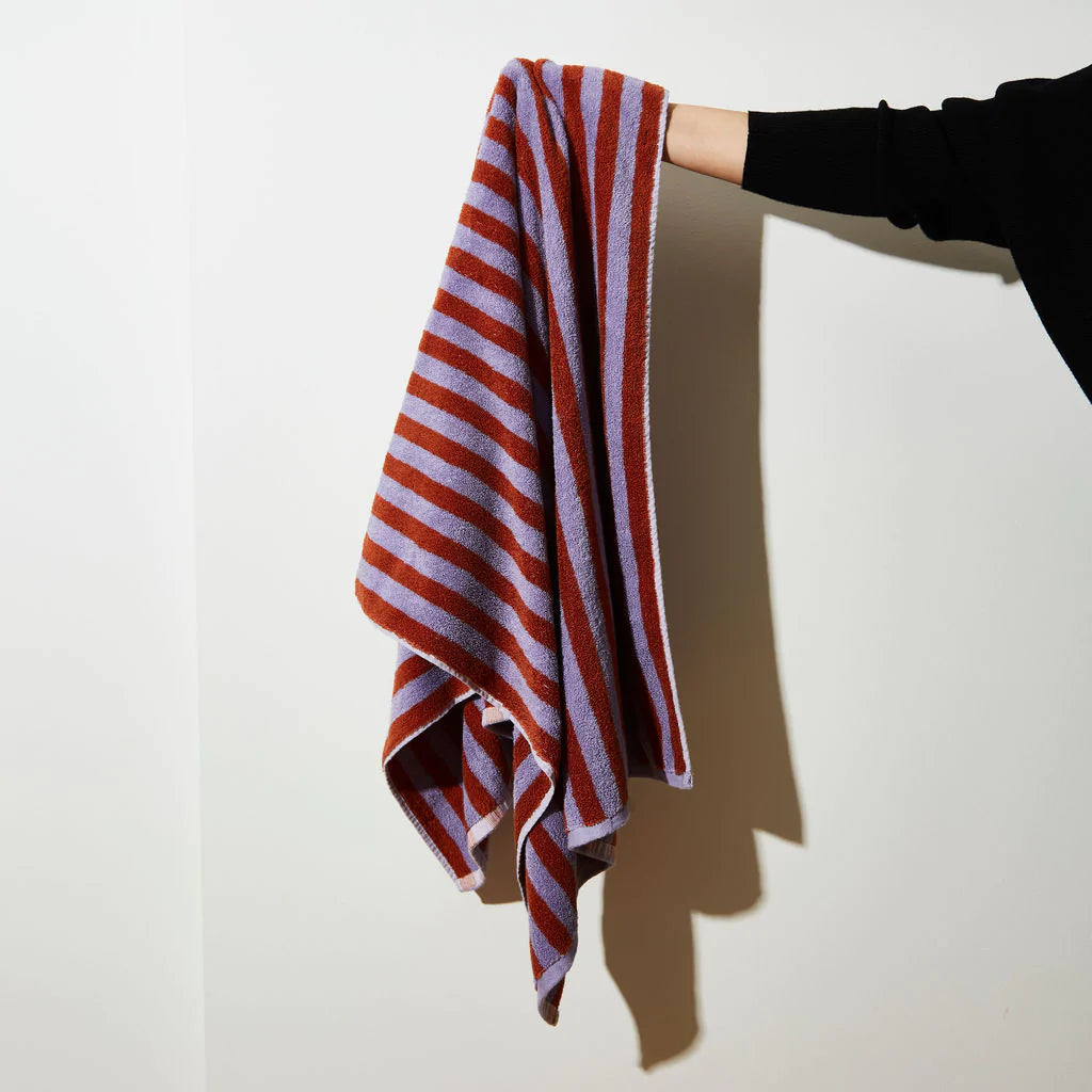 Premium Red Ochre & Lilac Striped Bath Towel - Soft, Absorbent & Quick-Drying - Perfect for Spa, Beach & Luxury Bathroom Decor