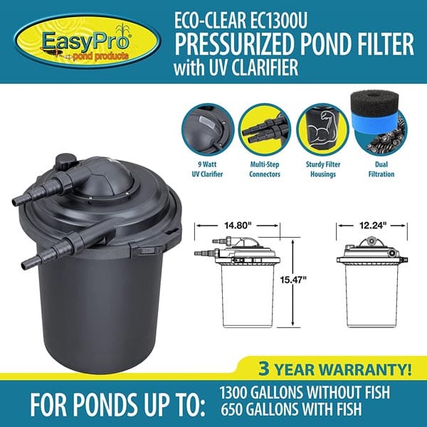 EasyPro Eco Clear Pressurized Pond Filter 1300 GPH with 9W UV Sterilizer – Ideal for Koi Ponds, Water Gardens & Outdoor Fish Tanks