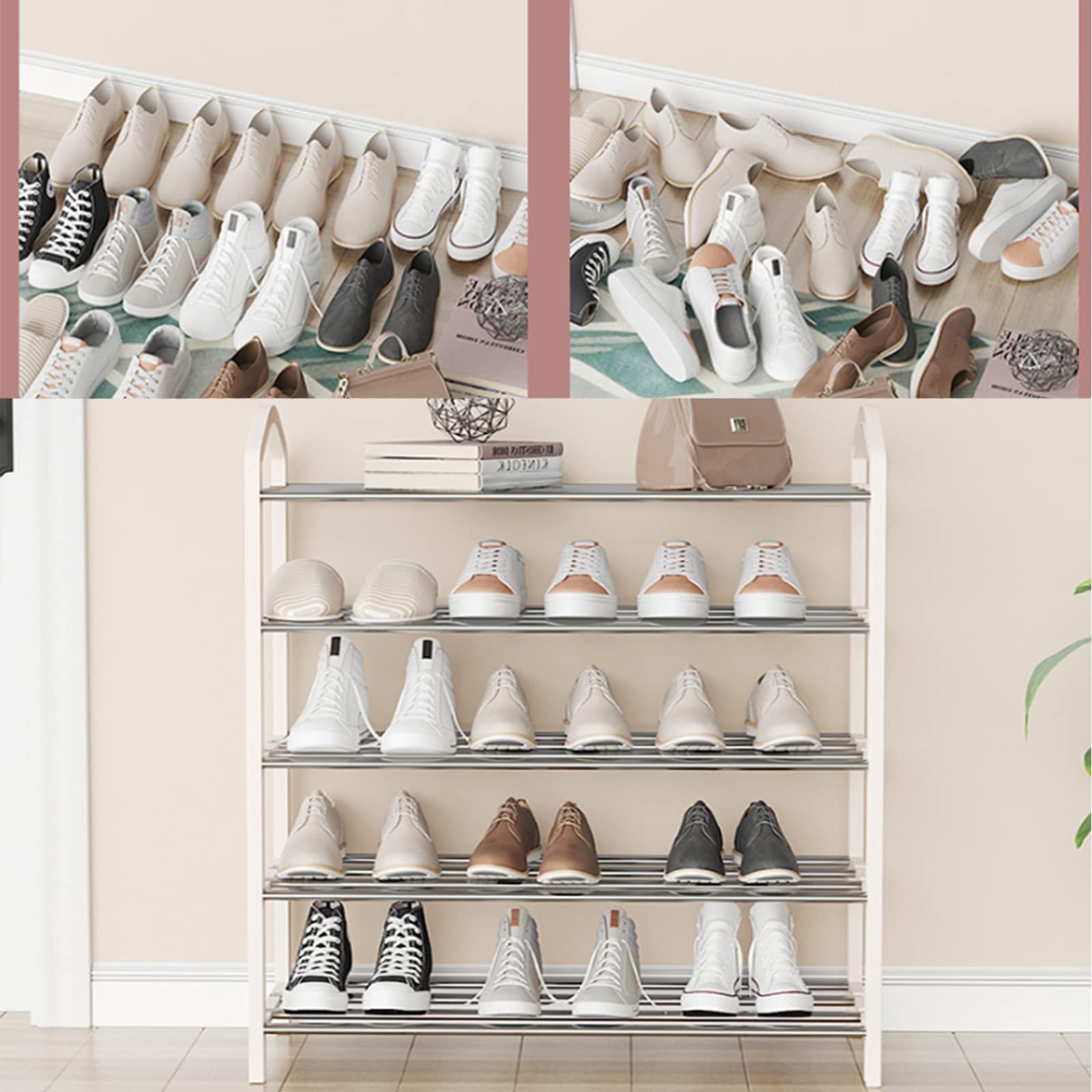 DSHOME 3-Tier Stackable Shoe Rack Organizer with Handles - Lightweight Space Saving Shoe Storage Shelf for Closet, Entryway, Hallway - White (25x18 Inches) - Perfect for Small Spaces & Apartment Living